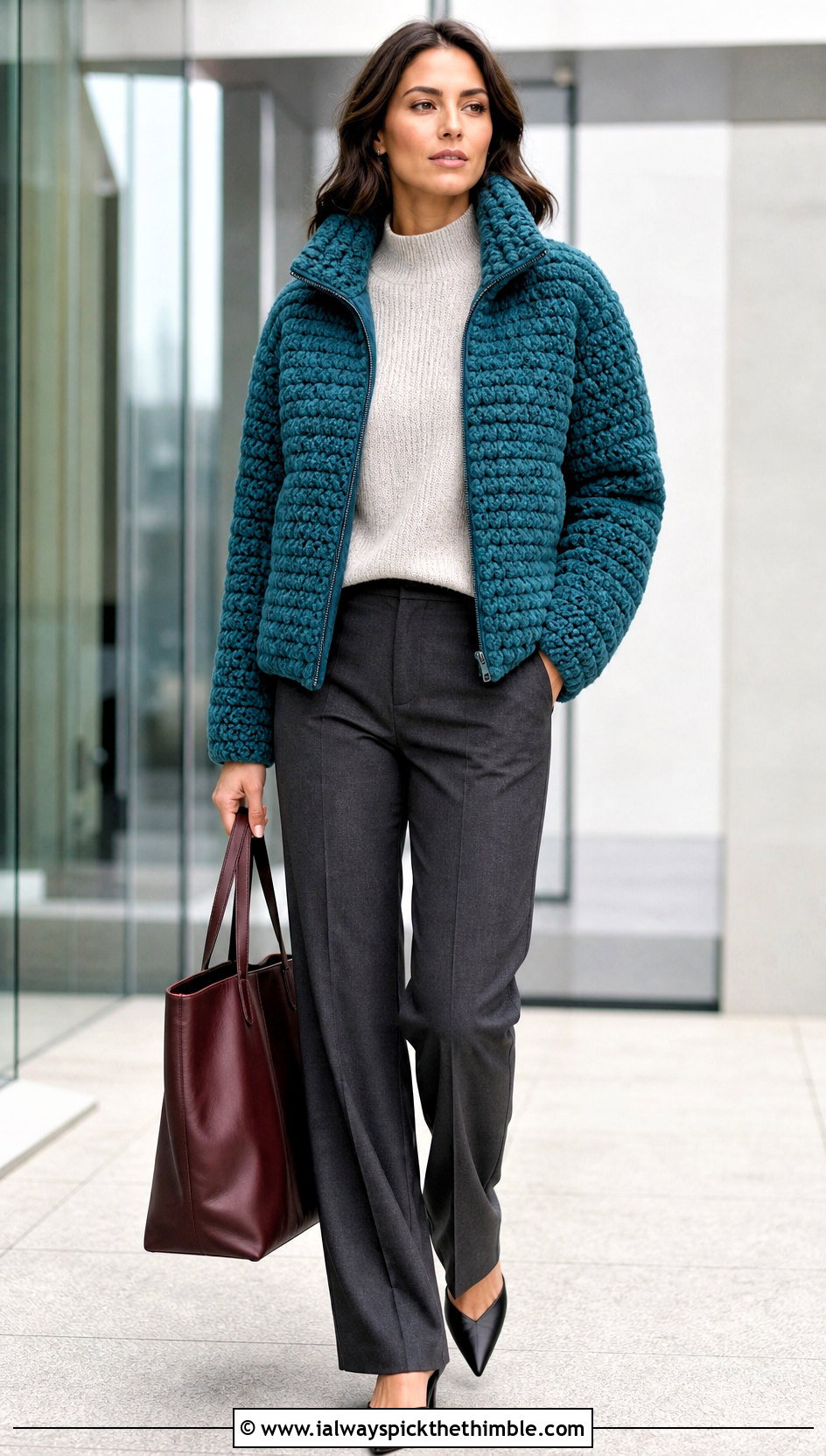 Funnel Neck Crochet Puffer Jacket With Tailored Trousers - 25 crochet puffer jacket outfit ideas