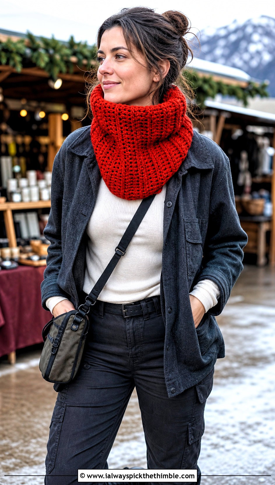 Funnel Neck Crochet Snood Scarf With Shacket - 20 crochet snood scarf outfit ideas