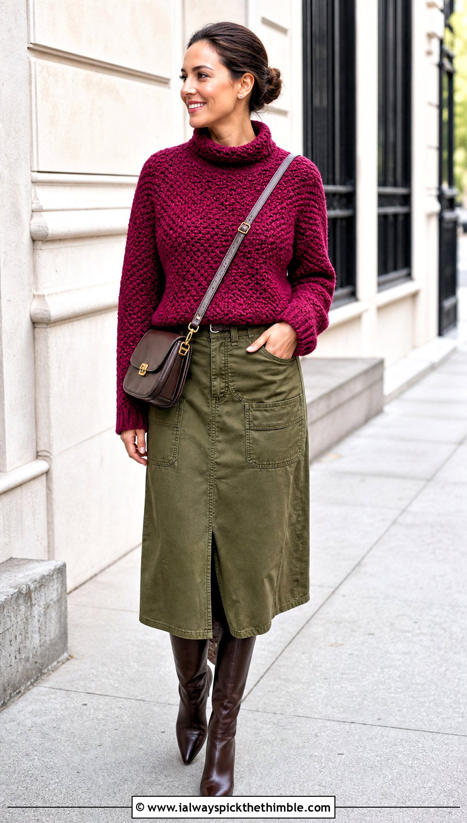 Funnel Neck Crochet Sweater With Utility Midi Skirt - 25 fall crochet sweater outfit ideas