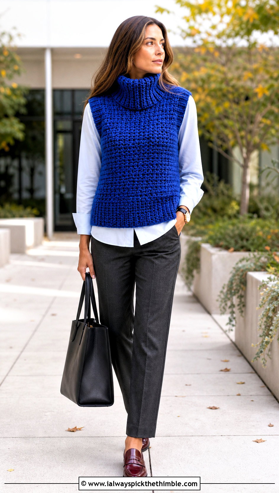 Funnel Neck Crochet Vest Over Button Down Shirt - 25 high neck crochet top outfit ideas