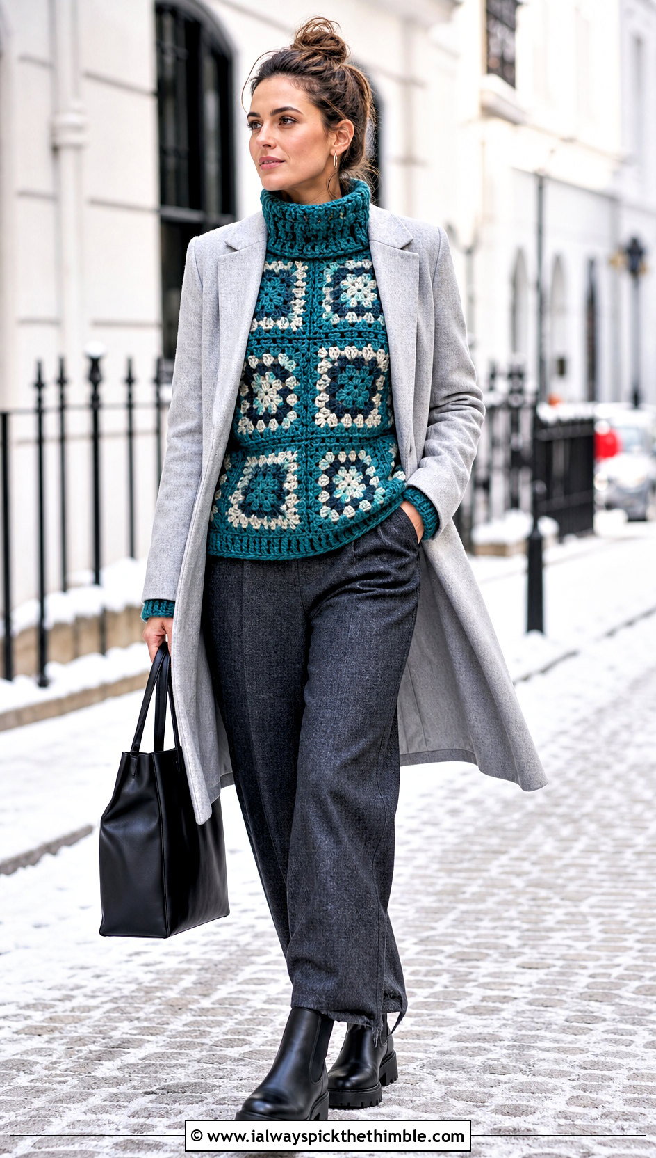 Funnel Neck Granny Square Jumper With Wool Trousers - 25 granny square jumper outfit ideas
