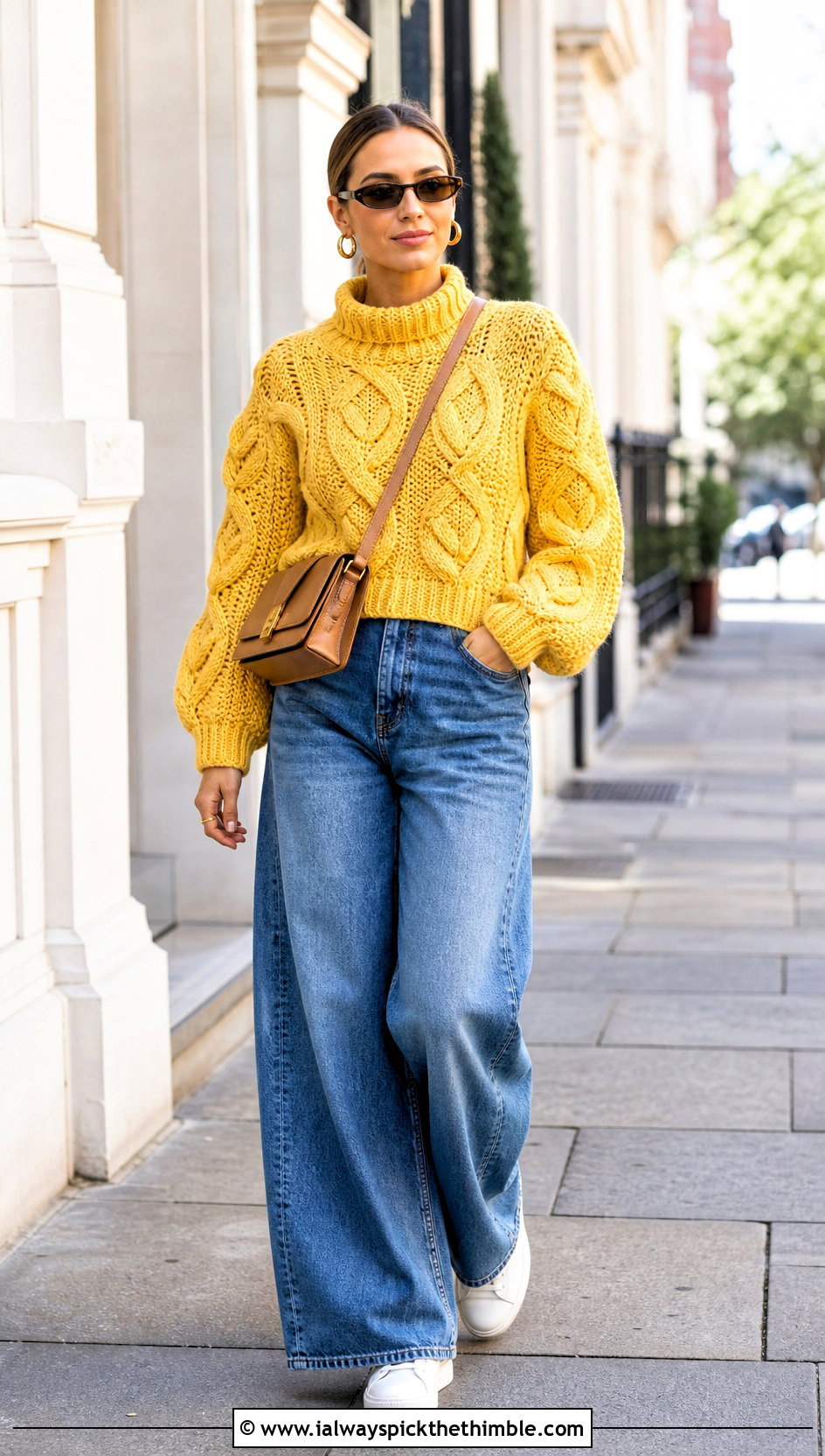 Funnel Neck Leaf Sweater With Wide Leg Jeans - 20 crochet leaf sweater outfit ideas