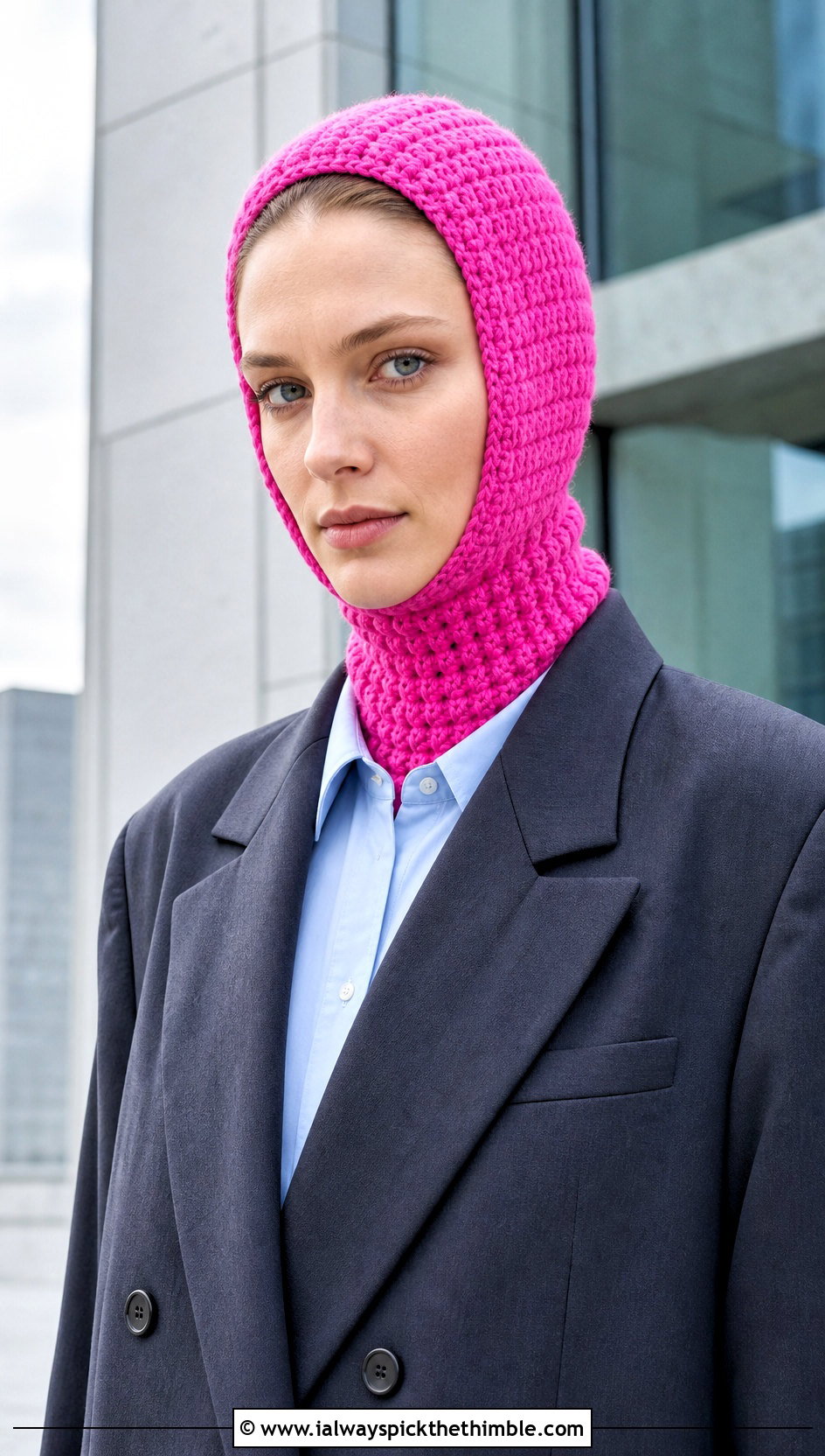Funnel Neck Pink Crochet Balaclava With Oversized Blazer - 20 Pink Crochet Balaclava outfit ideas