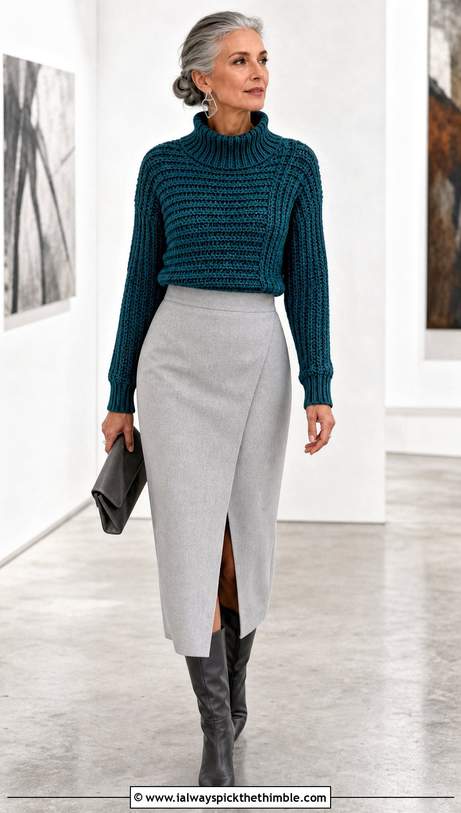 Funnel Neck Ribbed Crochet Sweater With Column Midi Skirt - 20 Ribbed Crochet Sweater outfit ideas