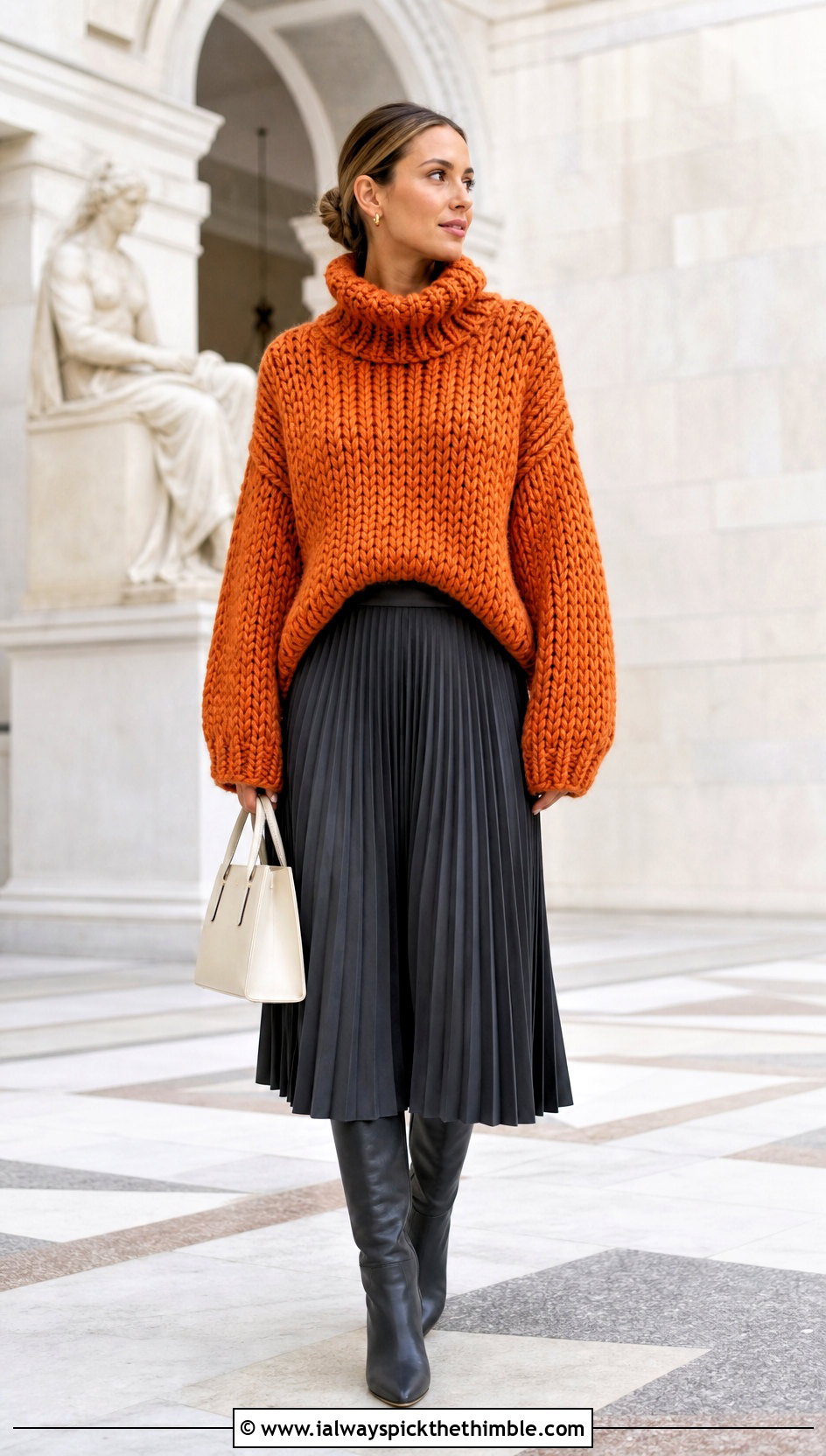 Funnel Neck Super Bulky Crochet Sweater With Pleated Midi Skirt - 20 Super Bulky Crochet Sweater outfit ideas