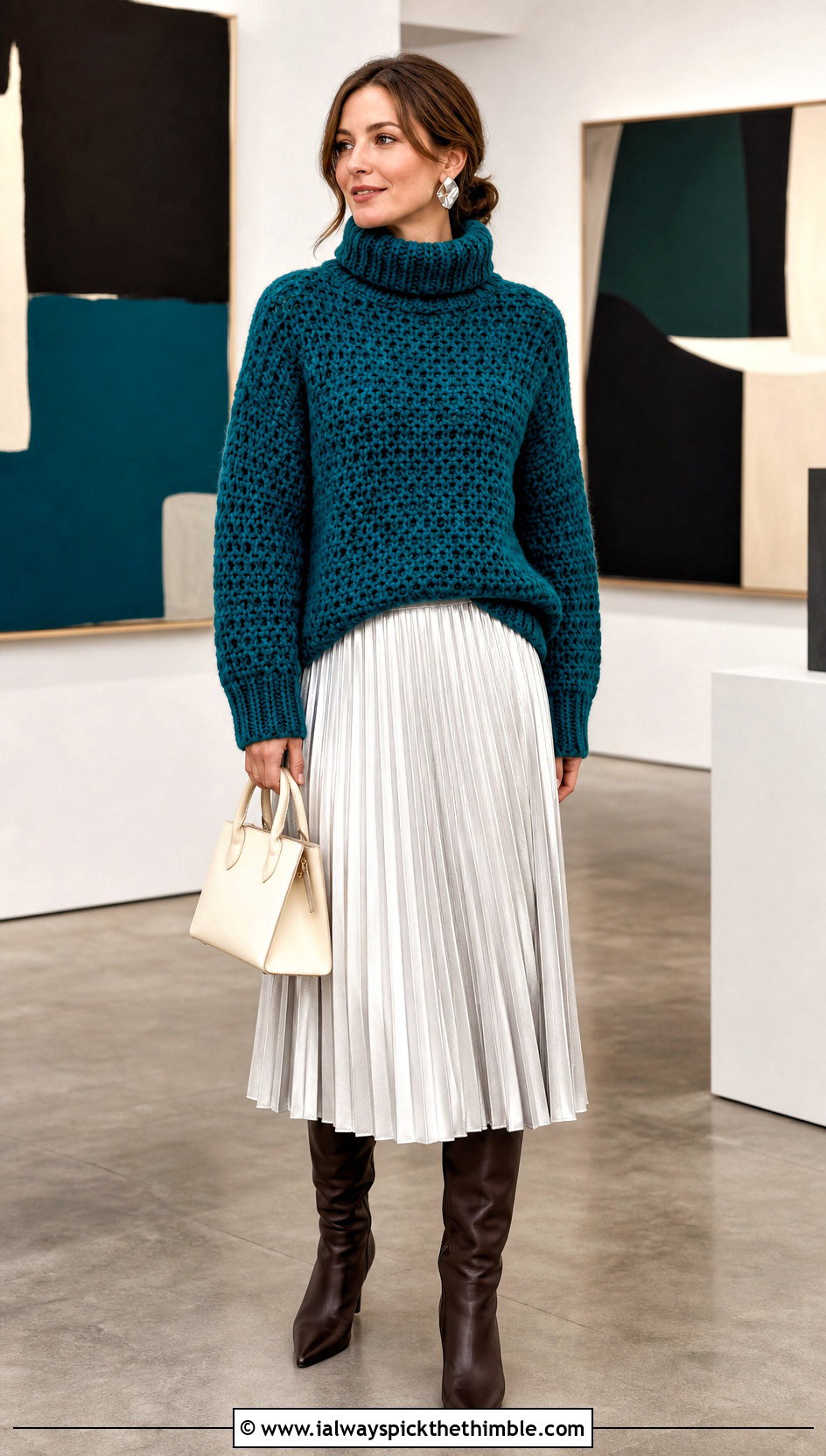 Funnel Neck Thick Yarn Crochet Sweater With Pleated Midi Skirt - 20 thick yarn crochet sweater outfit ideas