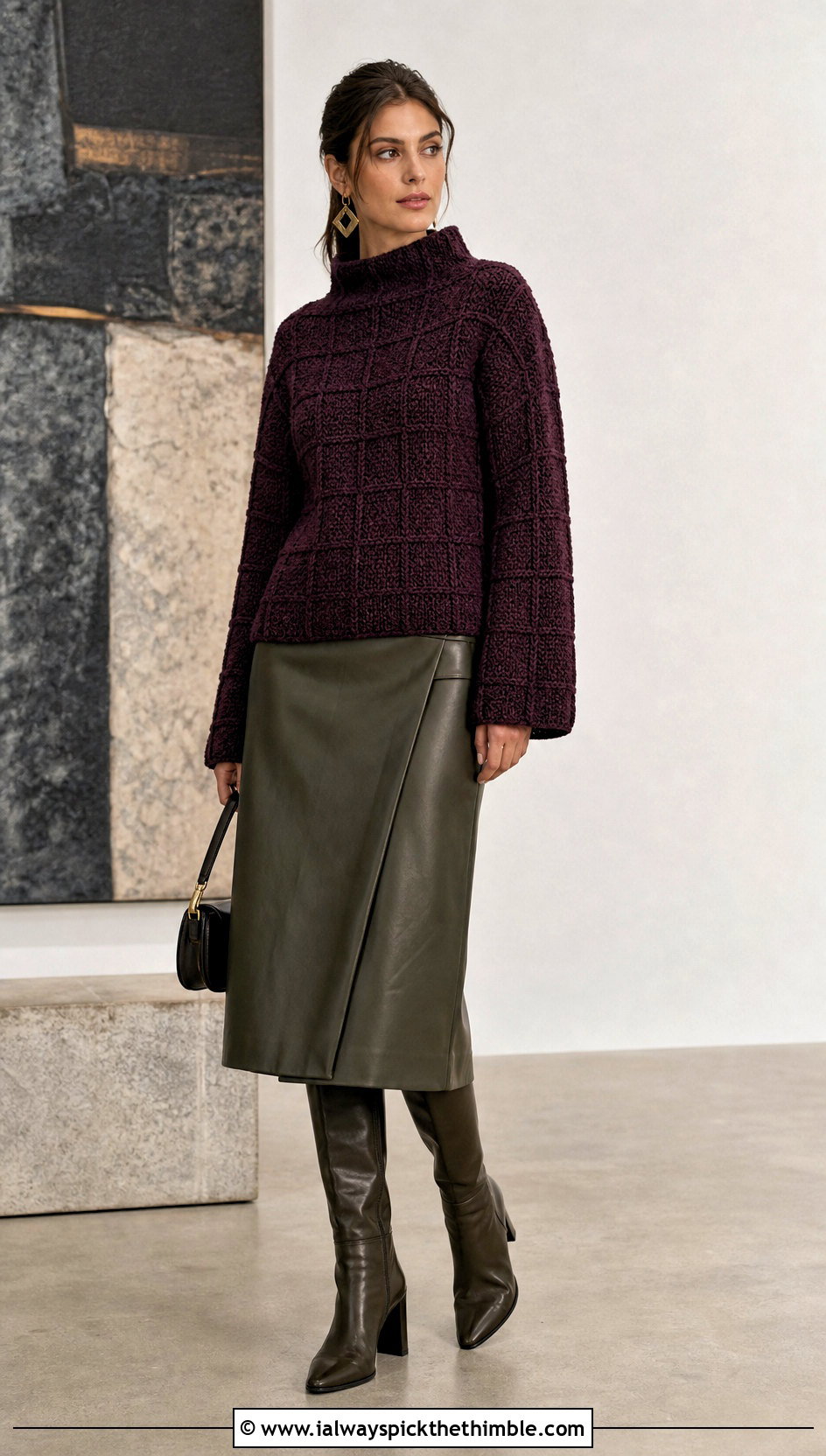 Funnel Neck Waffle Stitch Crochet Sweater With Leather Midi Skirt - 20 waffle stitch crochet sweater outfit ideas
