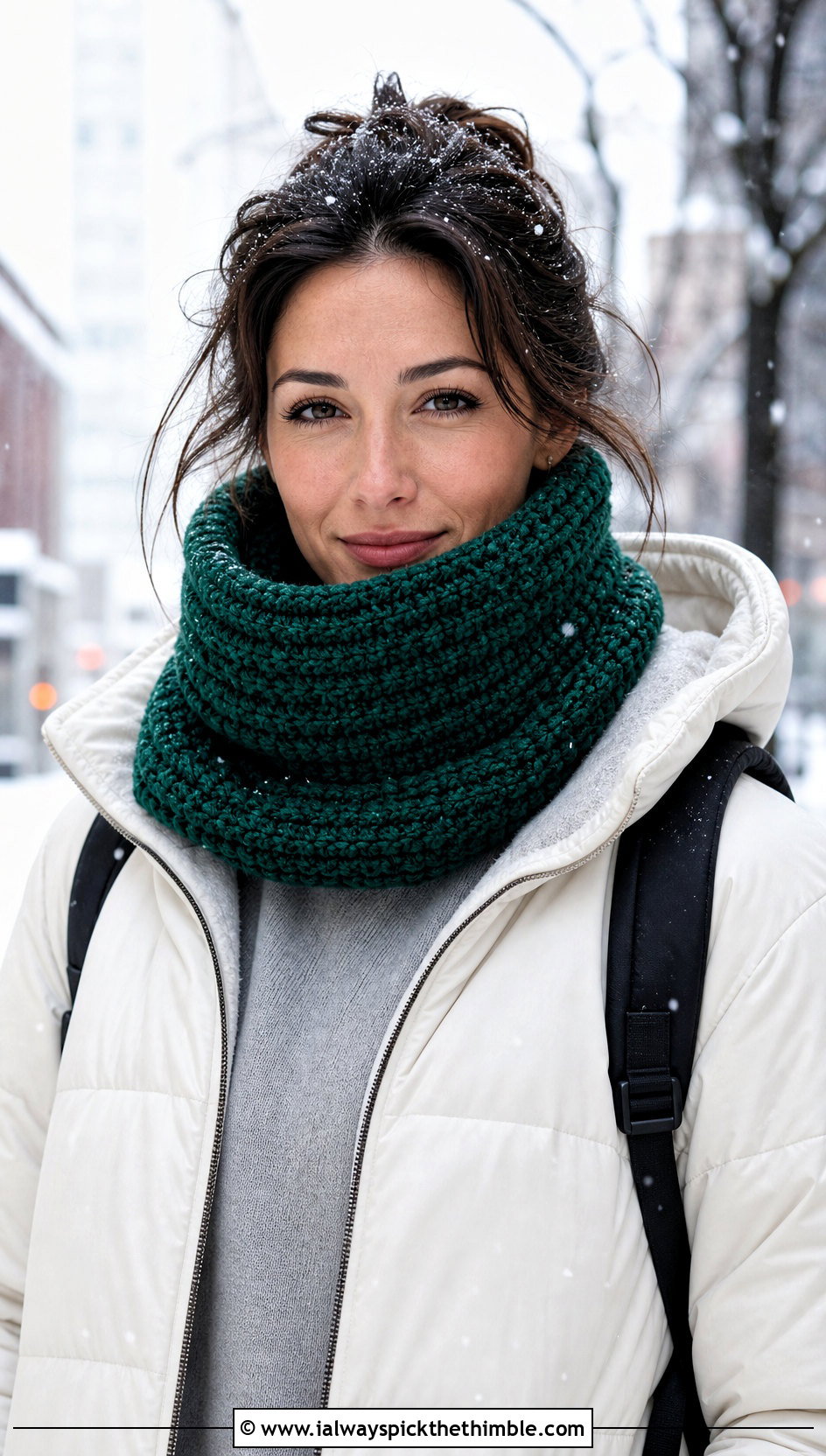 Funnel Ribbed Cowl With Puffer Coat - 20 Crochet Ribbed Cowl outfit ideas