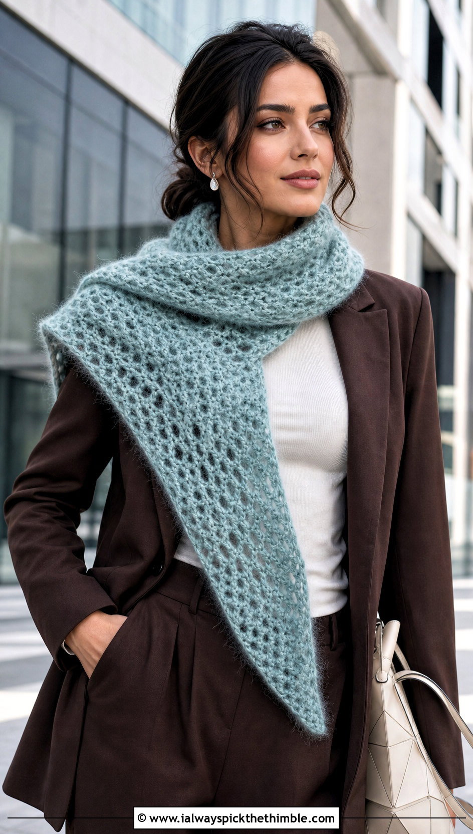 Fuzzy Asymmetrical Crochet Scarf With Minimalist Suit - 20 Fuzzy Crochet Scarf outfit ideas