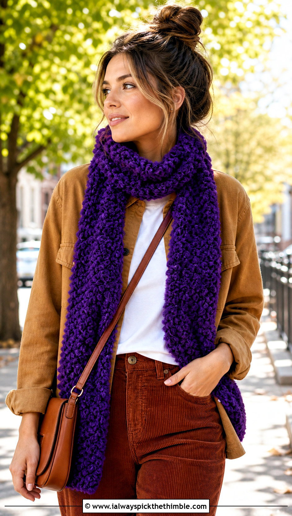 Fuzzy Boucle Crochet Scarf With Shacket And Corduroy Pants - 20 Fuzzy Crochet Scarf outfit ideas