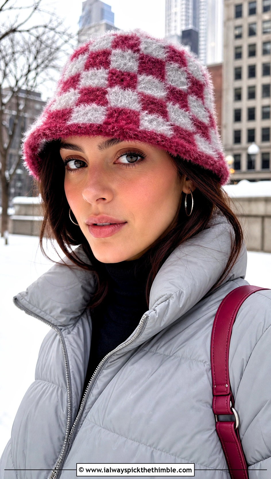 Fuzzy Checkerboard Crochet Bucket Hat With Puffer Jacket - 20 checkerboard crochet bucket hat outfit ideas