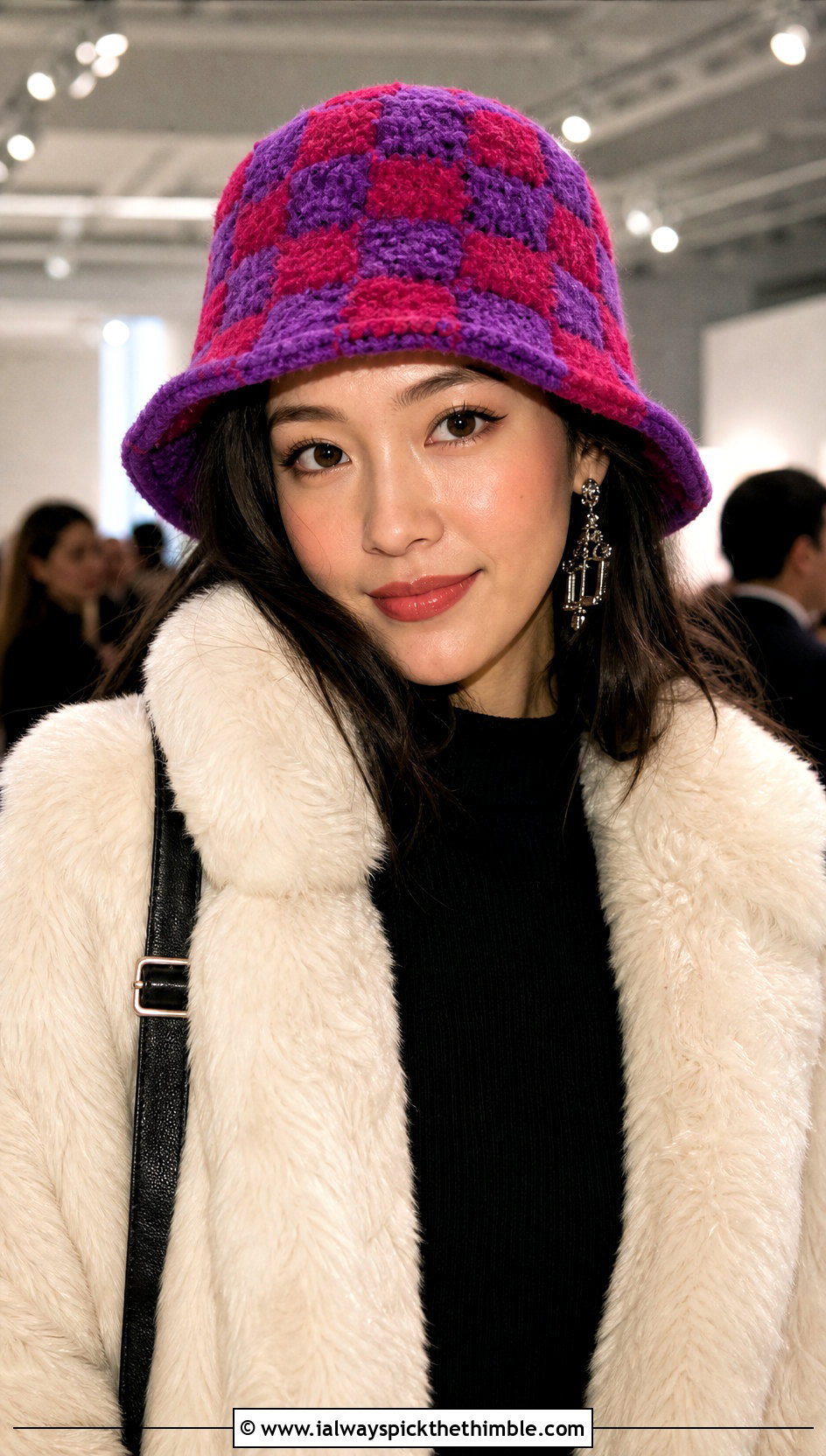 Fuzzy Checkered Crochet Bucket Hat With Faux Fur Jacket And Mini Skirt - 15 Checkered Crochet Hat outfit ideas