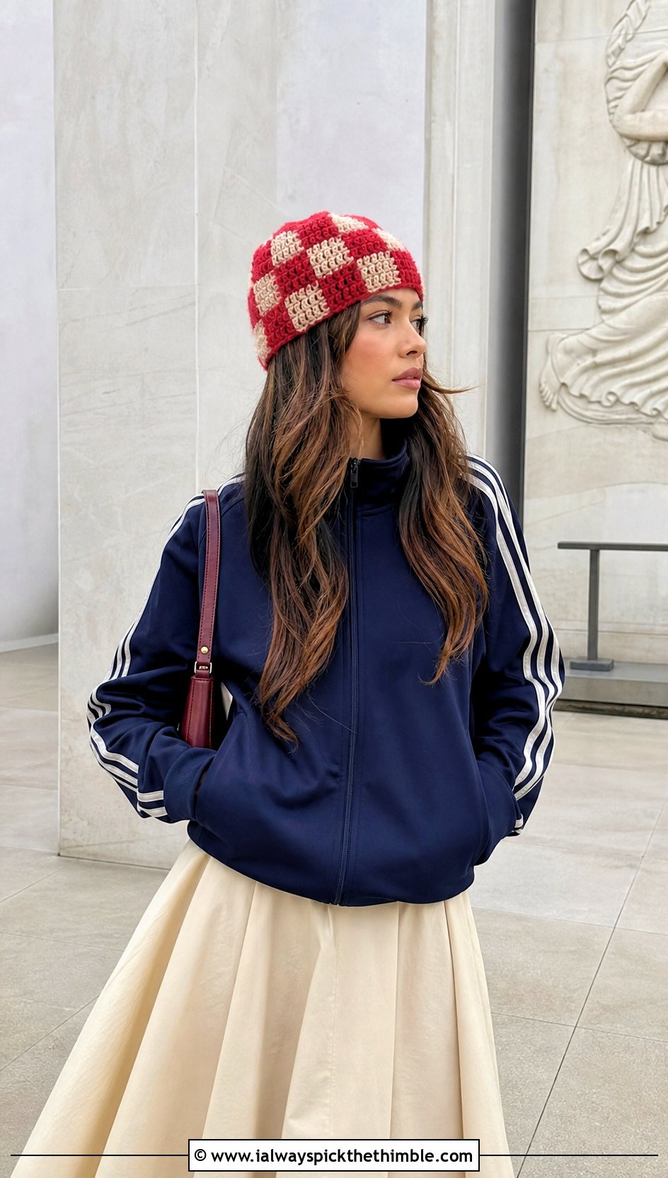 Fuzzy Checkered Crochet Skull Cap With Track Jacket And Midi Skirt - 25 crochet skull cap outfit ideas