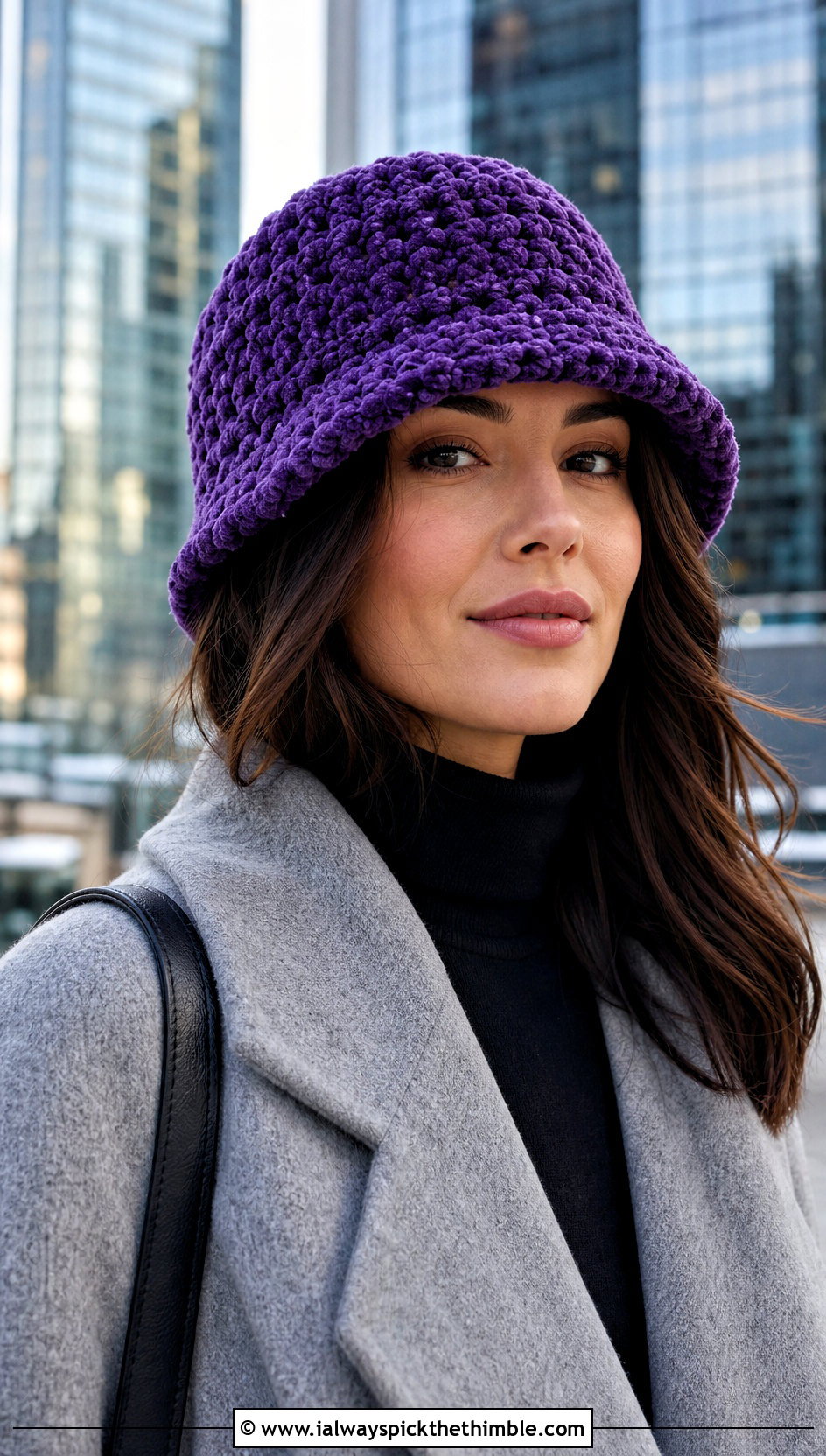 Fuzzy Chenille Crochet Bucket Hat With Wool Coat And Trousers - 20 Crochet Cute Bucket Hat outfit ideas