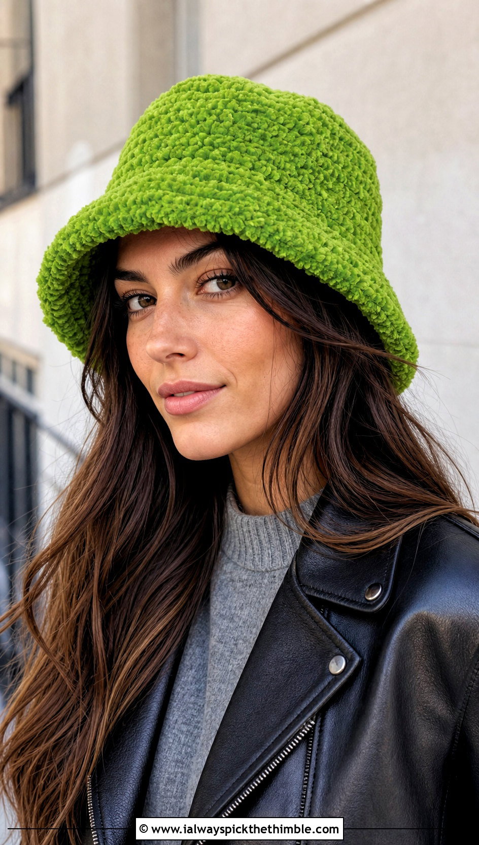 Fuzzy Chenille Crochet Winter Bucket Hat With Leather Jacket - 25 crochet winter bucket hat outfit ideas