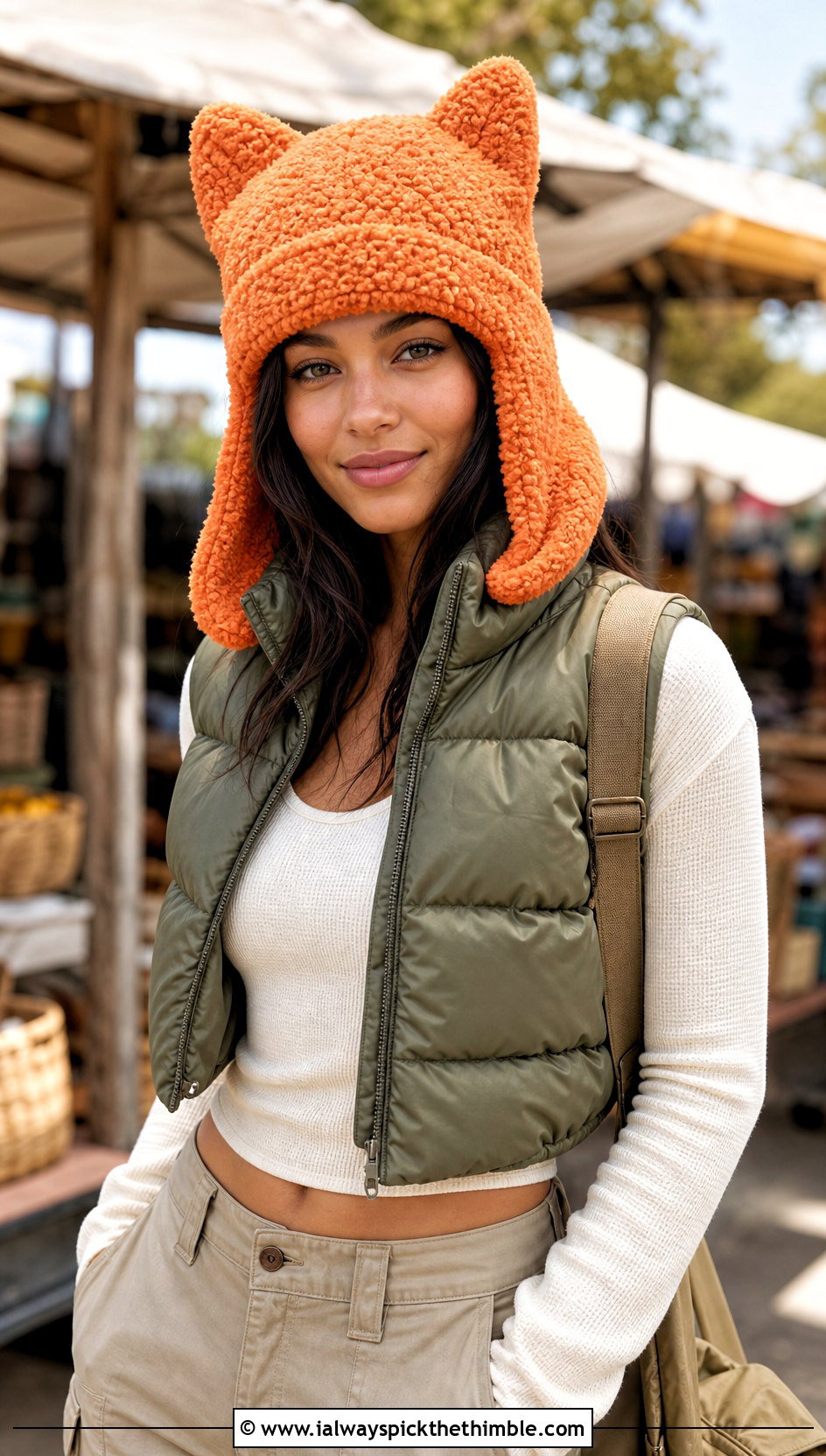 Fuzzy Chenille Finn Hat With Puffer Vest And Cargo Pants - 25 crochet finn hat outfit ideas