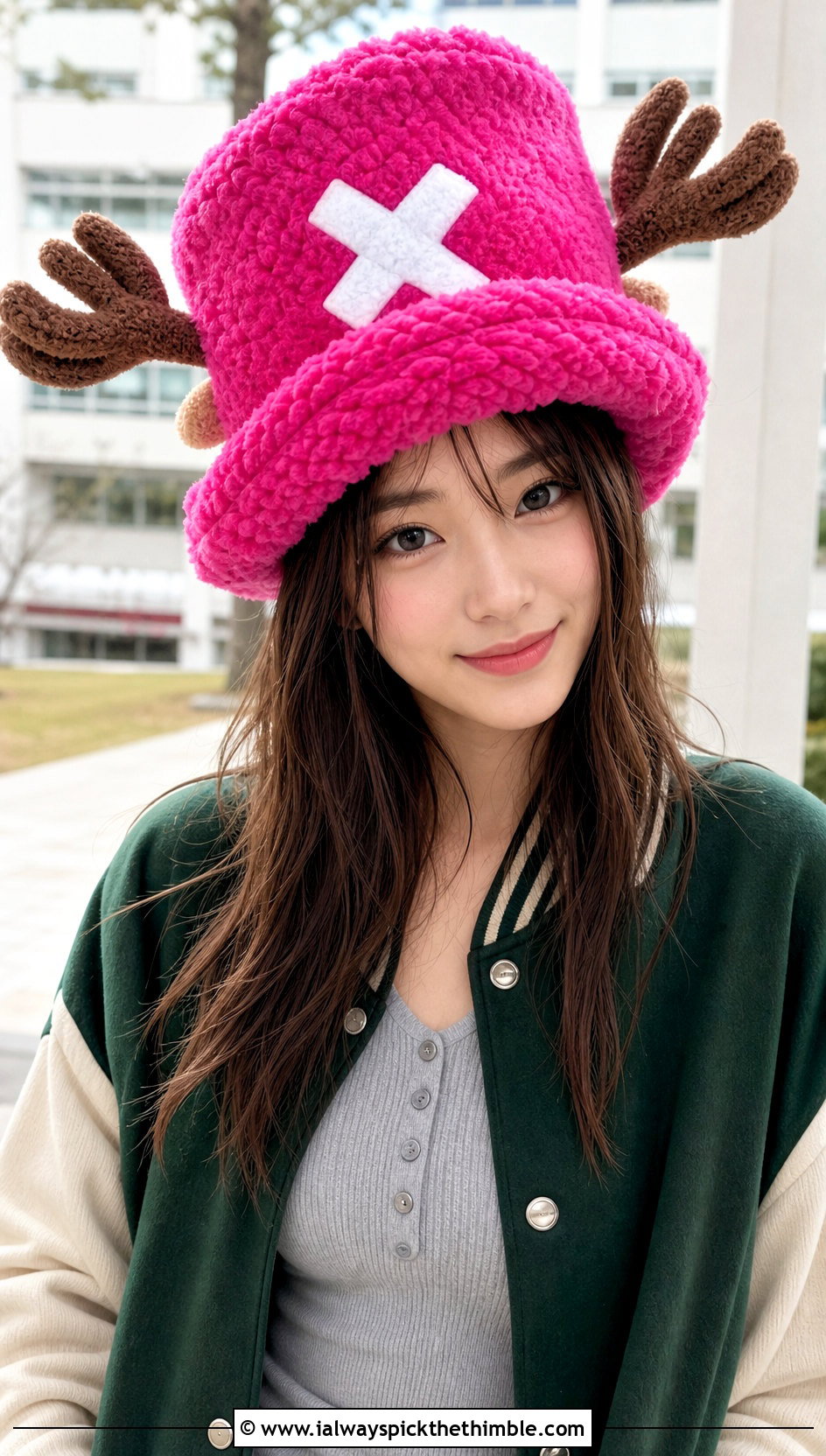 Fuzzy Chopper Crochet Hat With Varsity Jacket And Pleated Skirt - 20 chopper crochet hat outfit ideas