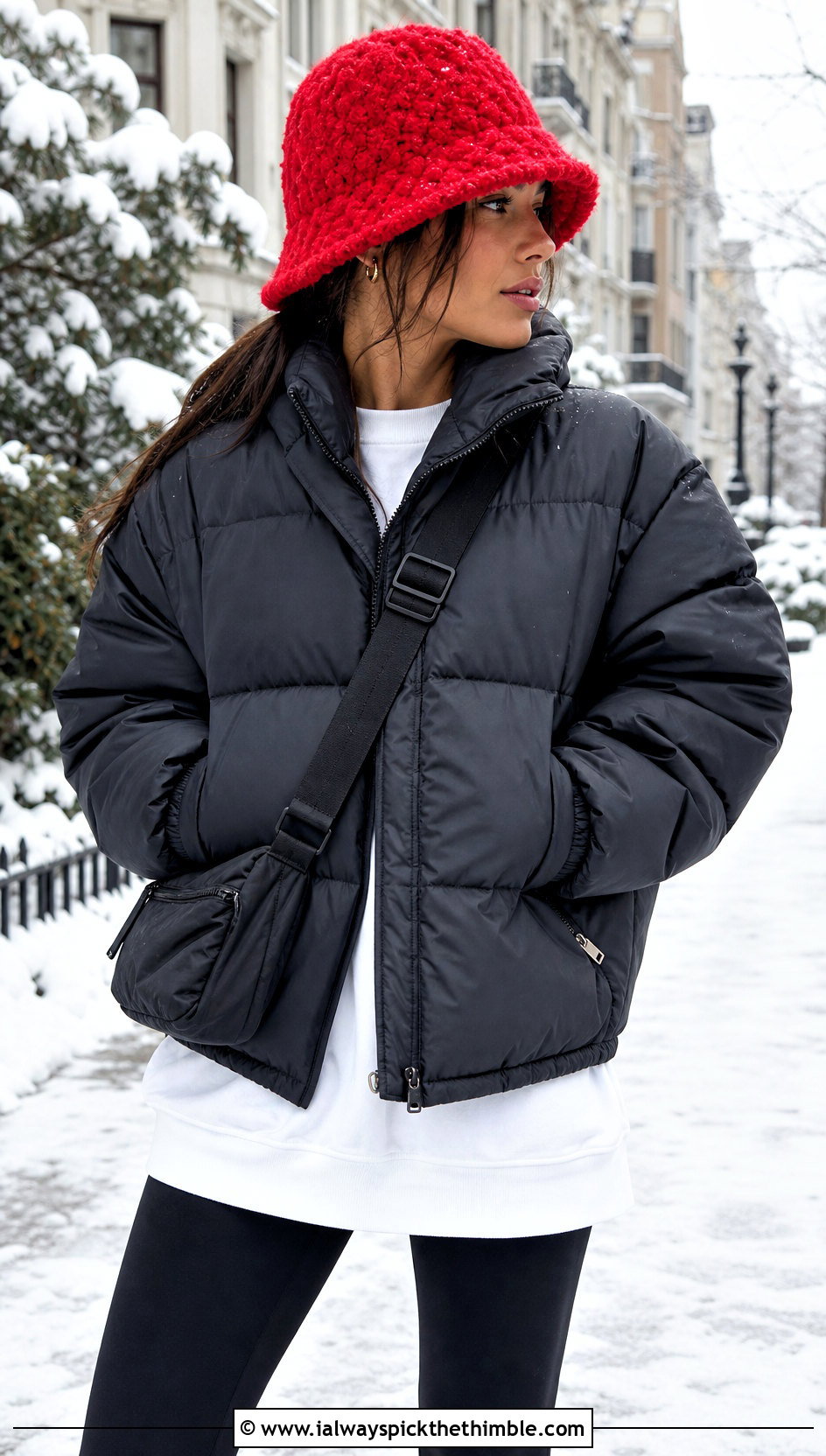 Fuzzy Chunky Bucket Hat With Puffer Jacket And Leggings - 20 crochet chunky bucket hat outfit ideas