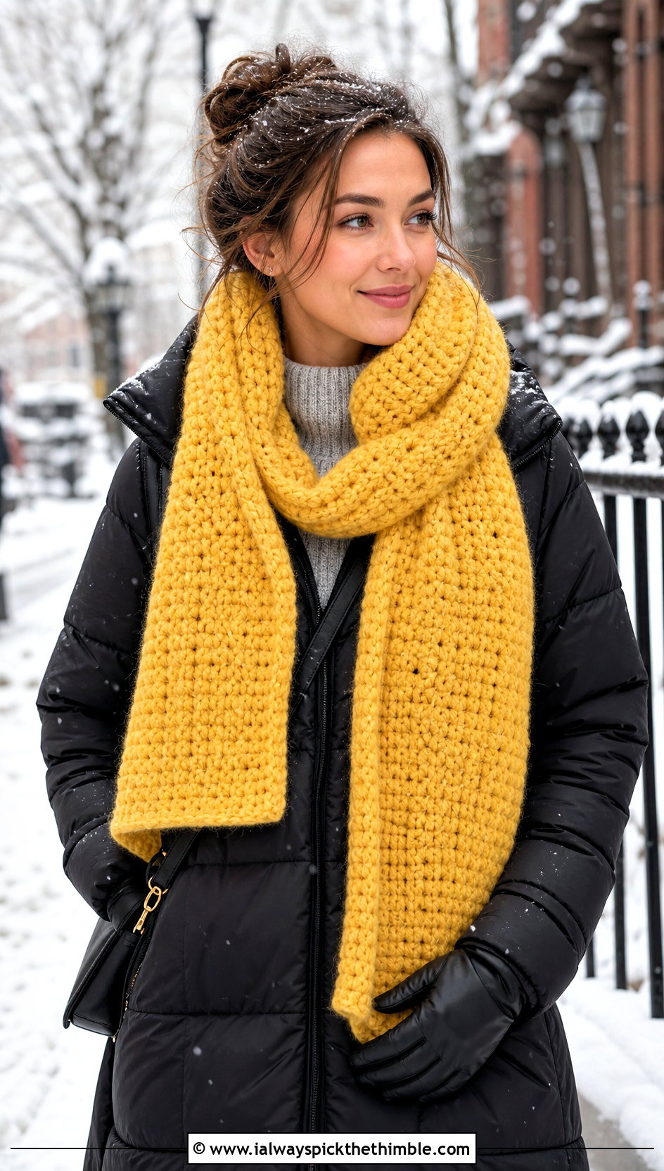 Fuzzy Chunky Rectangular Scarf With Puffer Coat - 20 Fuzzy Crochet Scarf outfit ideas