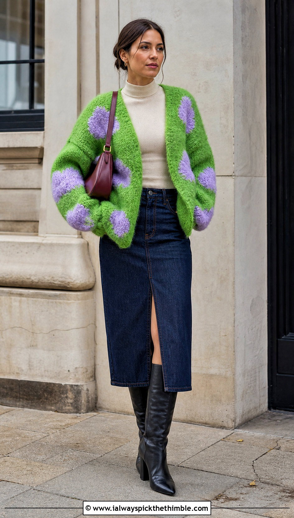 Fuzzy Cloud Cardigan With a Denim Midi Skirt - 25 crochet cloud cardigan outfit ideas