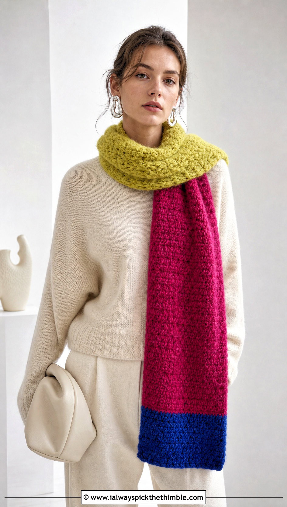 Fuzzy Color Block Crochet Scarf With Monochrome Outfit - 20 Fuzzy Crochet Scarf outfit ideas