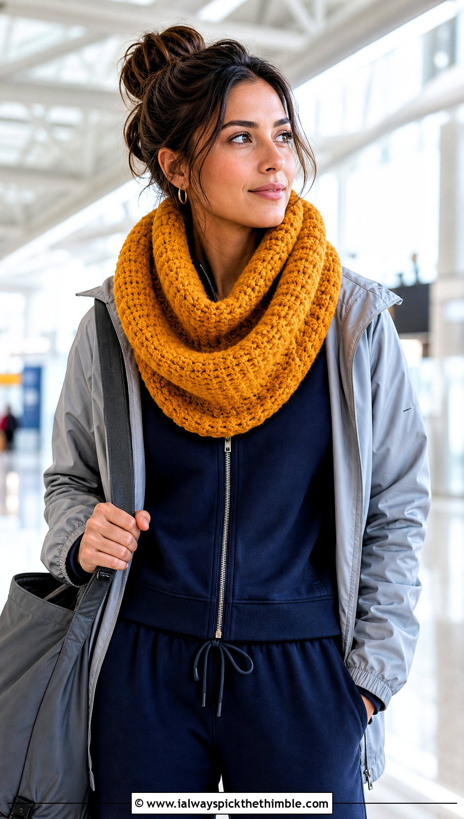 Fuzzy Cowl Crochet Scarf With Athleisure Set - 20 Fuzzy Crochet Scarf outfit ideas