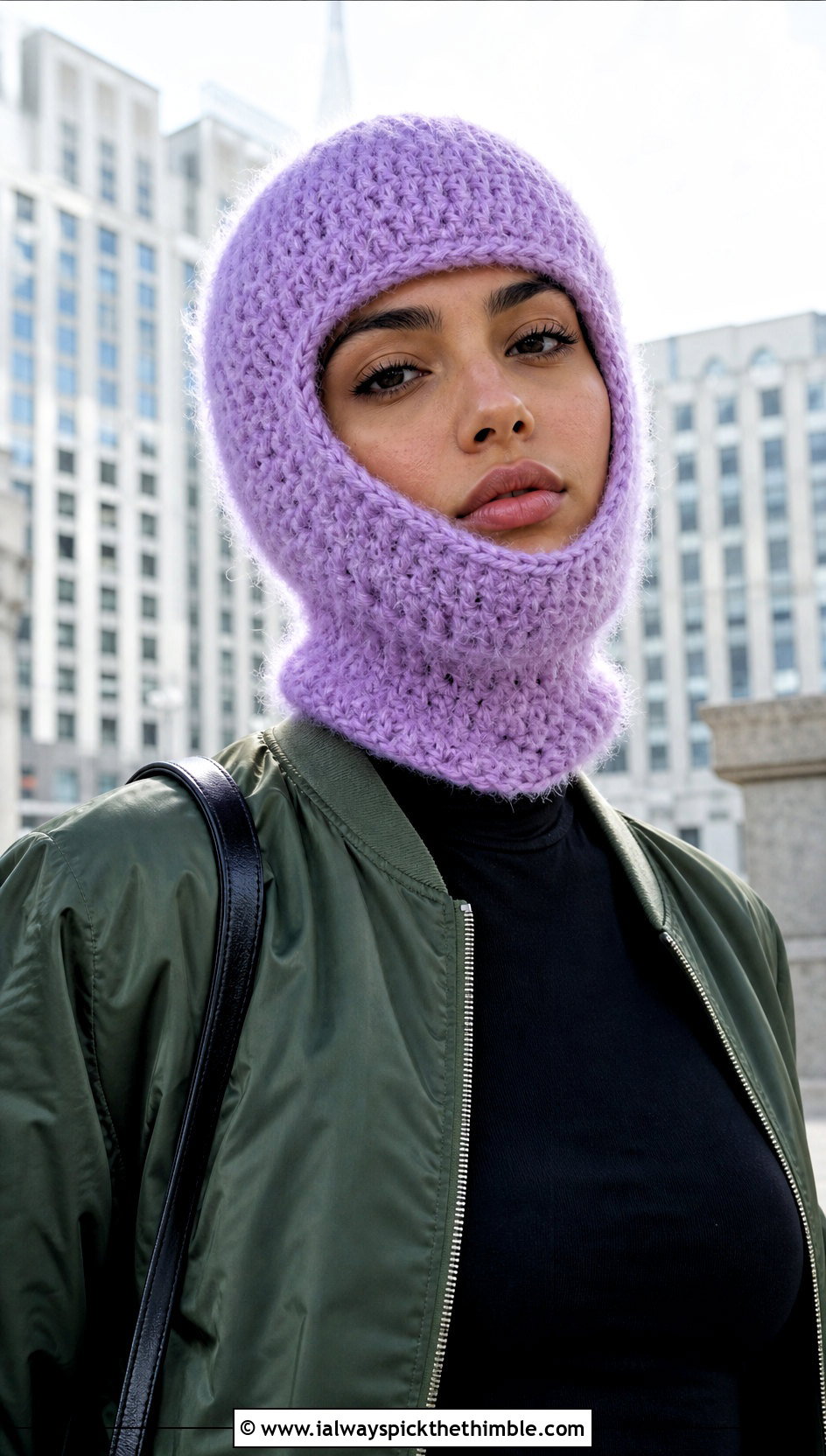 Fuzzy Crochet Balaclava With Bomber Jacket - 20 easy crochet balaclava outfit ideas