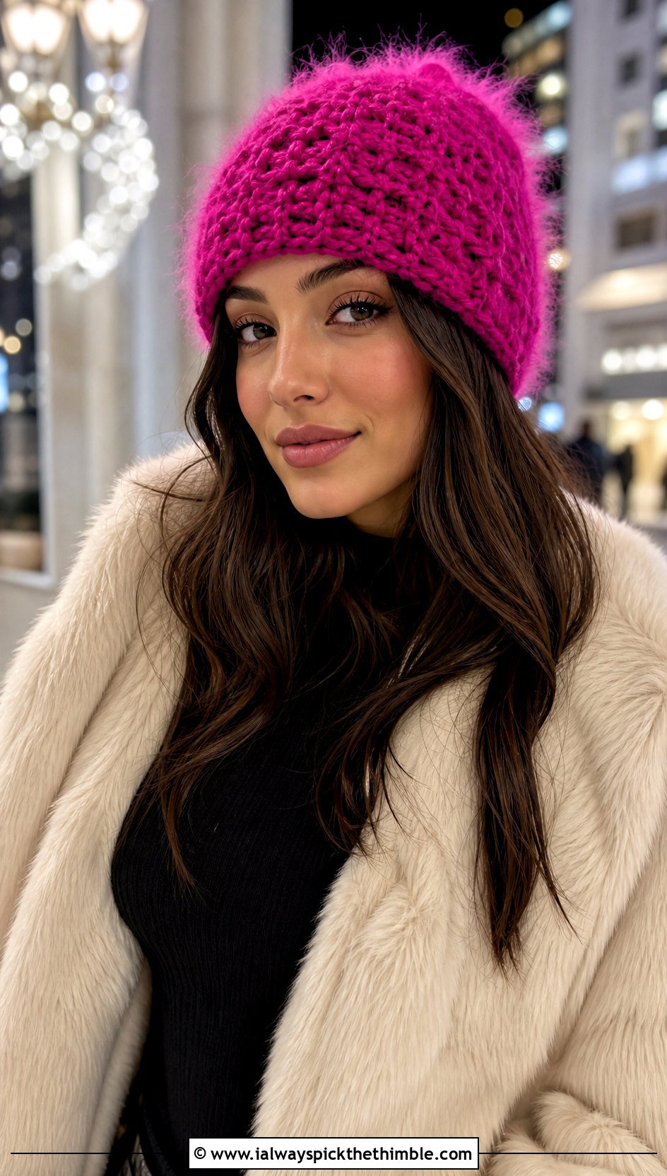 Fuzzy Crochet Beanie With Faux Fur Coat And Flared Jeans - 25 crochet beanie hat outfit ideas