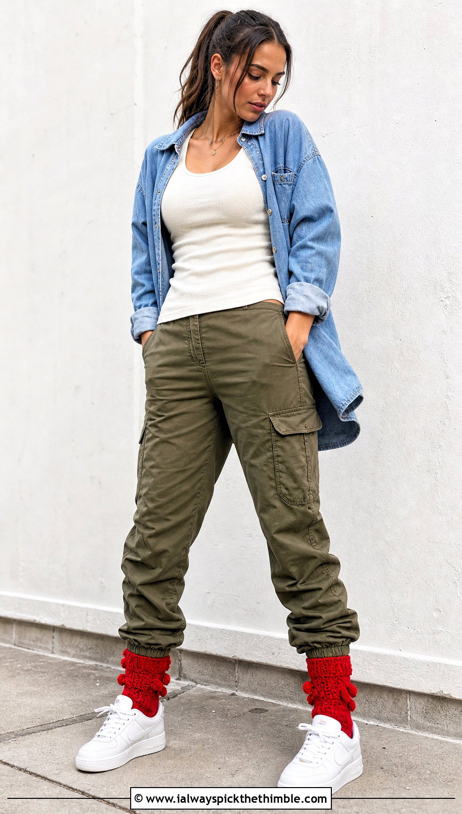 Fuzzy Crochet Bobble Cuff Socks With Cargo Pants - 20 Fuzzy Crochet Sock outfit ideas