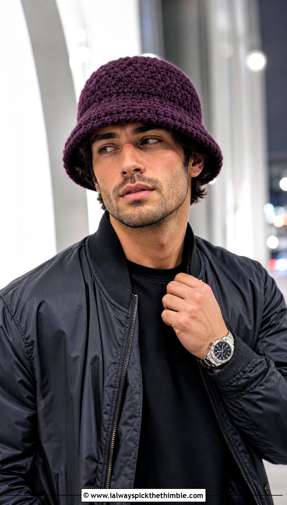 Fuzzy Crochet Bucket Hat With Bomber Jacket And Wide Pants - 20 crochet bucket hat men outfit ideas