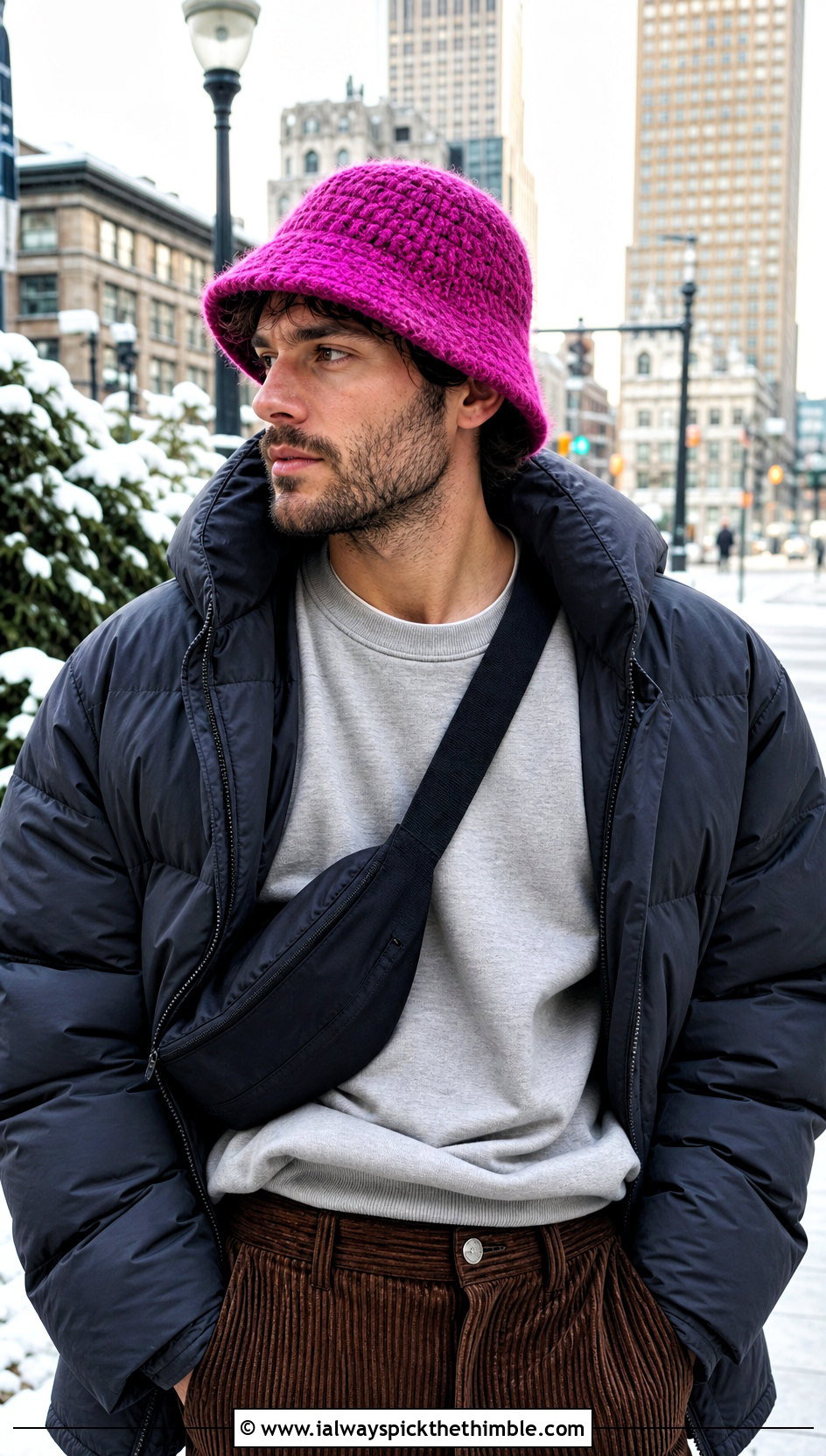Fuzzy Crochet Bucket Hat With Puffer Jacket And Corduroy Pants - 15 Crochet Mens Bucket Hat outfit ideas