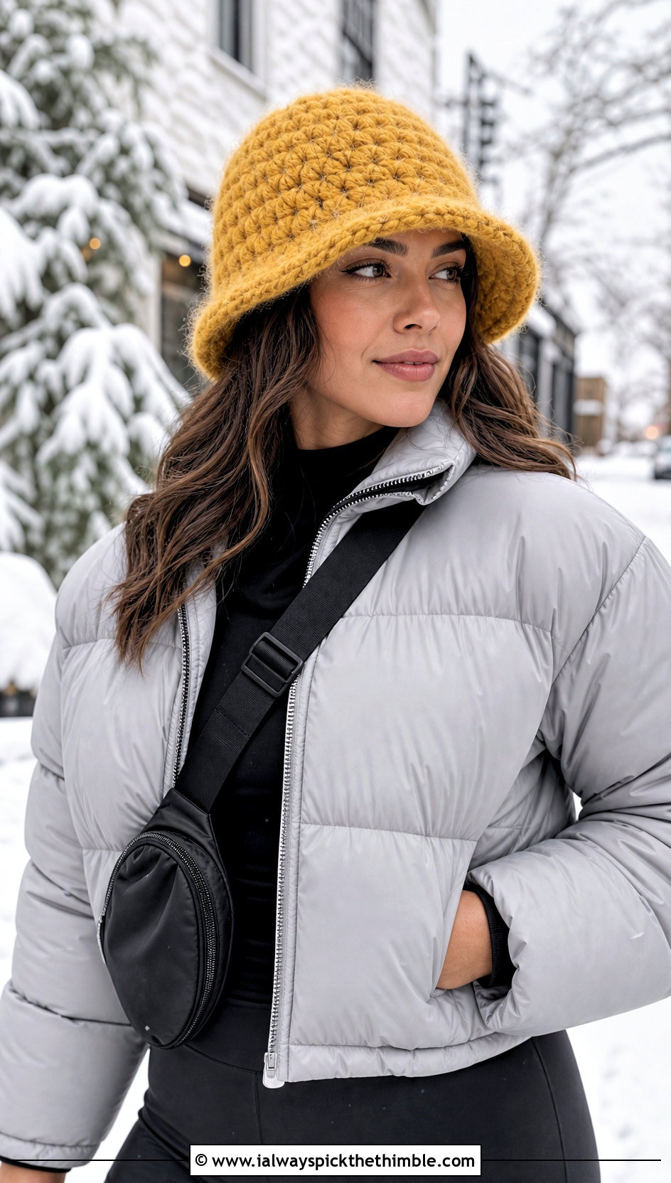 Fuzzy Crochet Bucket Hat With Puffer Jacket And Leggings - 20 easy crochet bucket hat outfit ideas