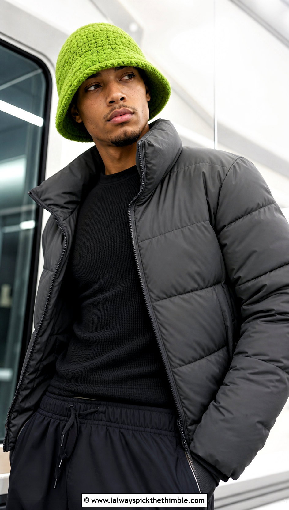 Fuzzy Crochet Bucket Hat With Puffer Jacket And Track Pants - 25 men crochet bucket hat outfit ideas