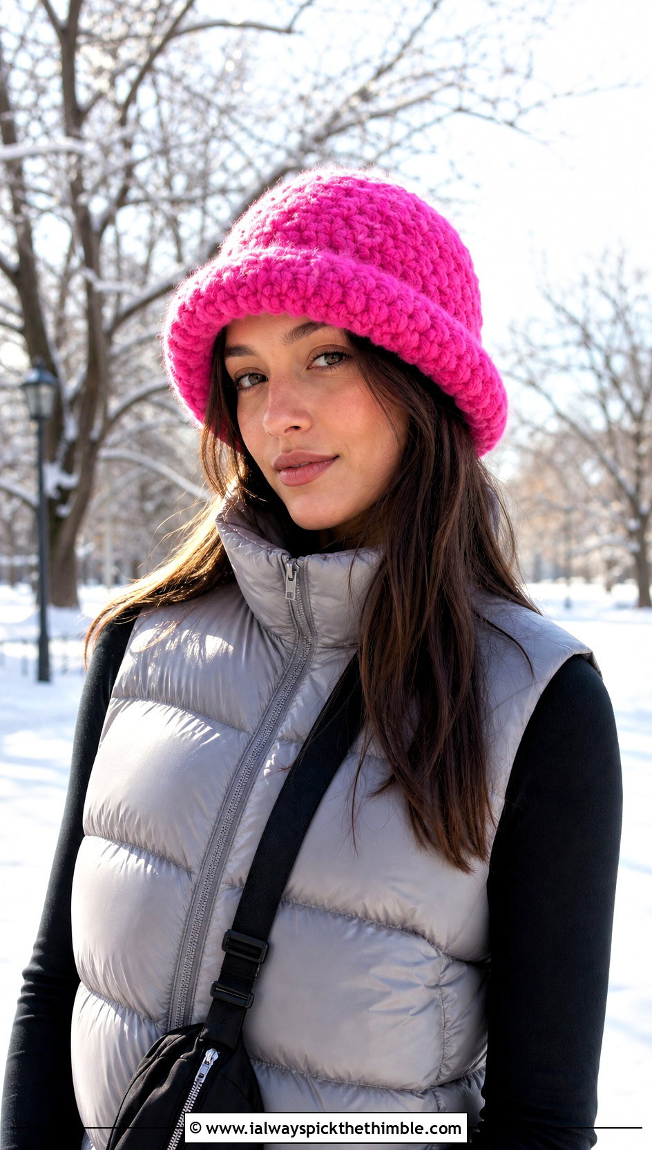 Fuzzy Crochet Bucket Hat With Puffer Vest And Joggers - 25 crochet bucket hat outfit ideas