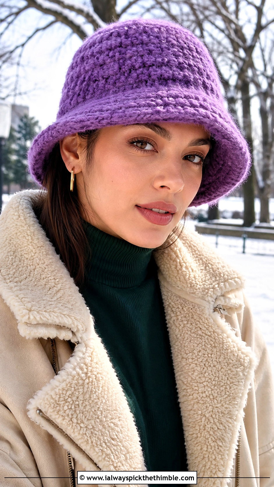 Fuzzy Crochet Bucket Hat With Shearling Jacket - 25 Crochet Winter Outfits ideas