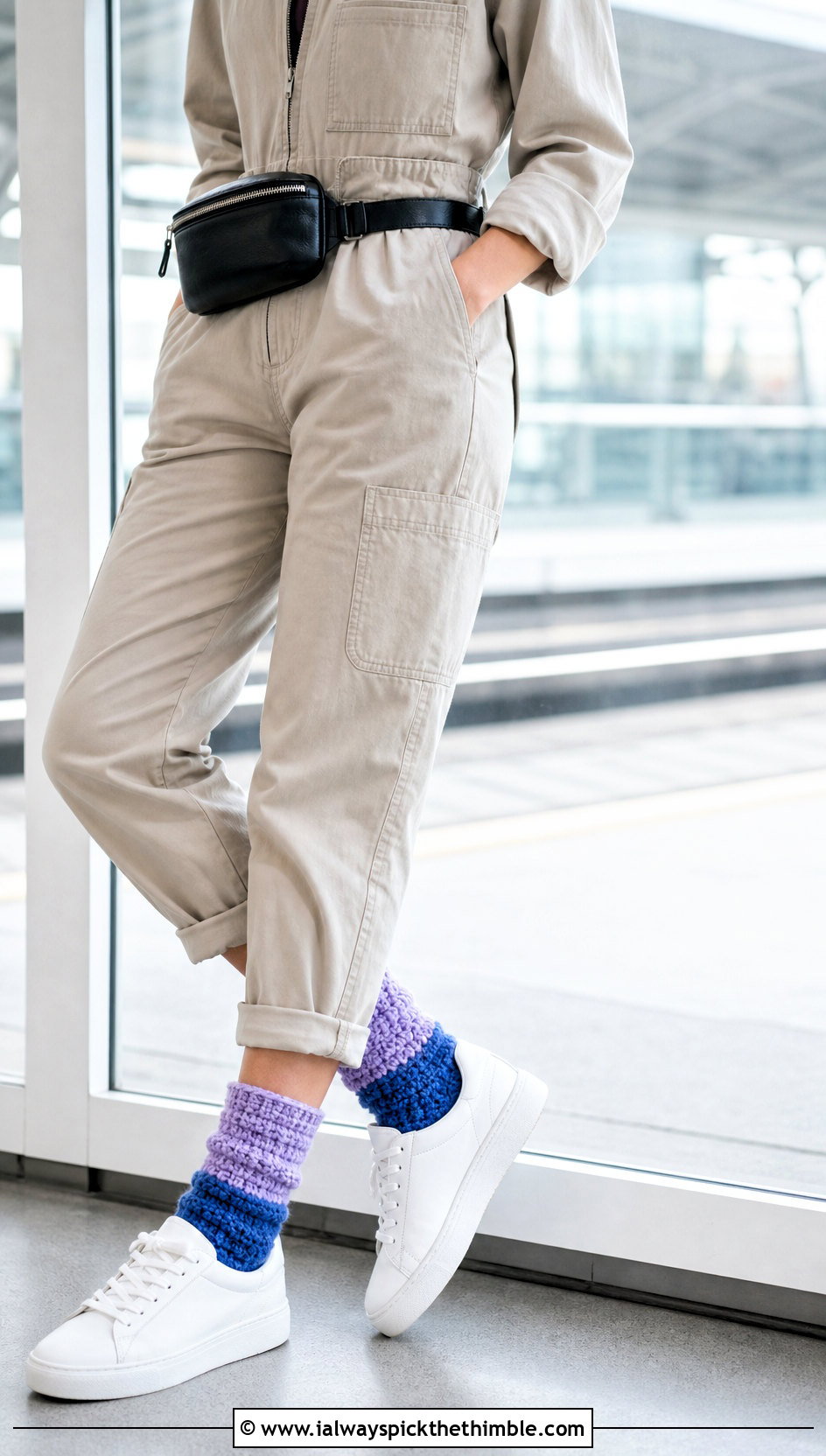 Fuzzy Crochet Color Block Socks With Utility Jumpsuit - 20 Fuzzy Crochet Sock outfit ideas