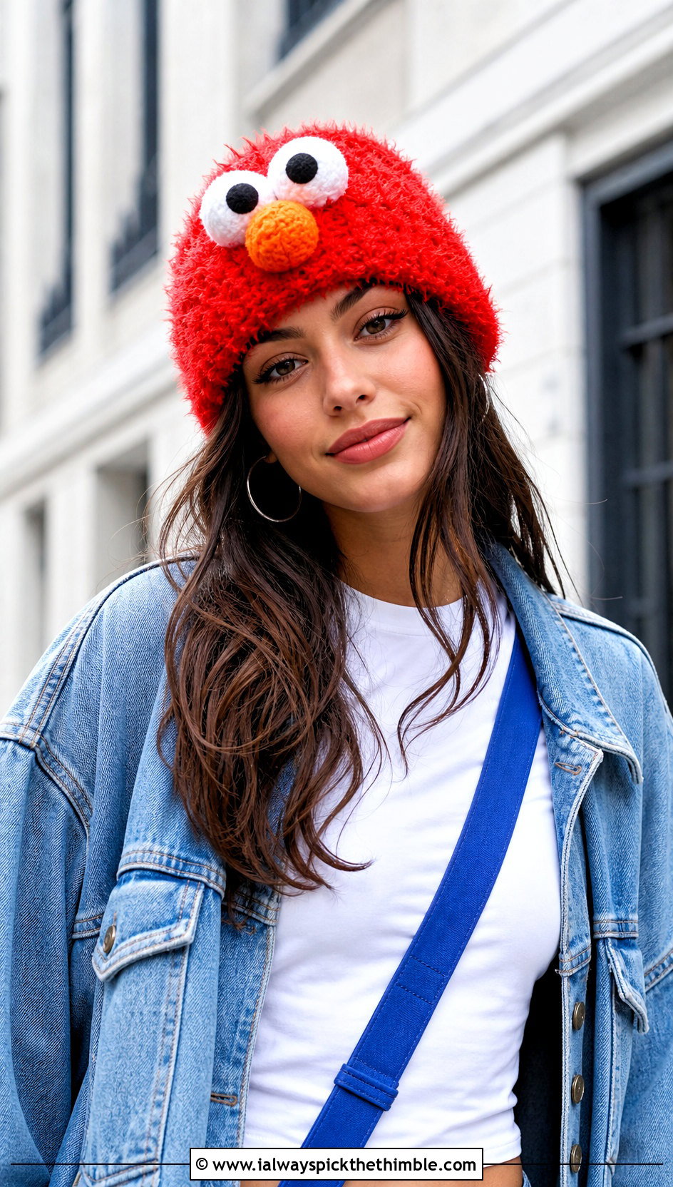 Fuzzy Crochet Elmo Beanie With Denim Jacket - 15 Crochet Elmo Hat outfit ideas