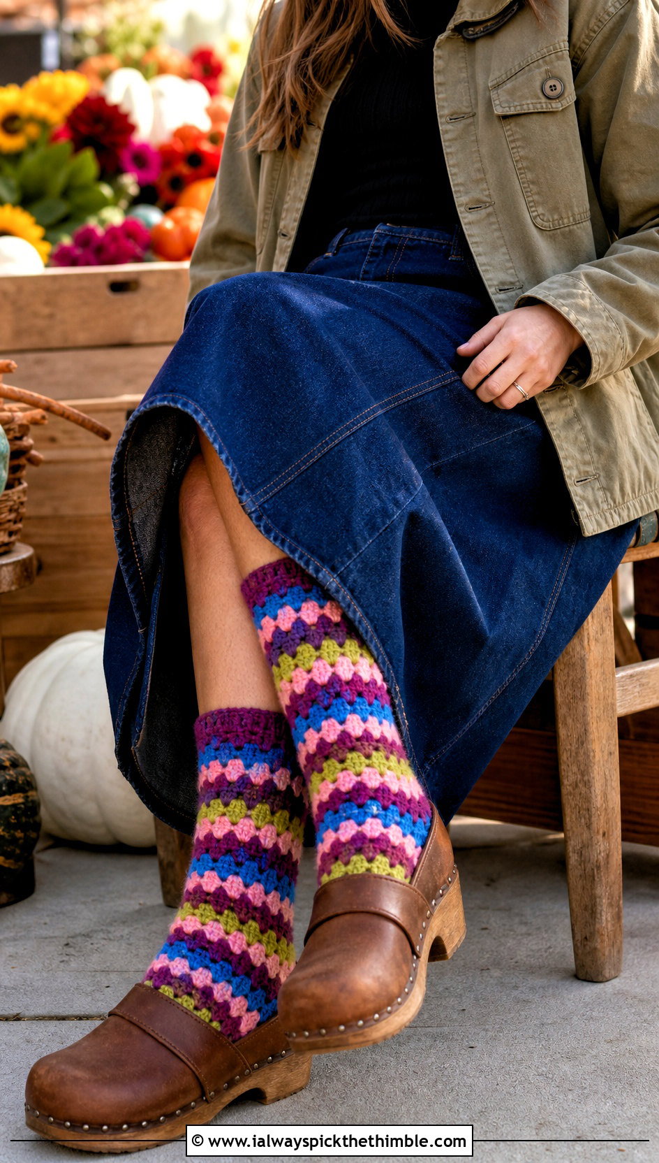 Fuzzy Crochet Granny Stripe Socks With Denim Skirt - 20 Fuzzy Crochet Sock outfit ideas