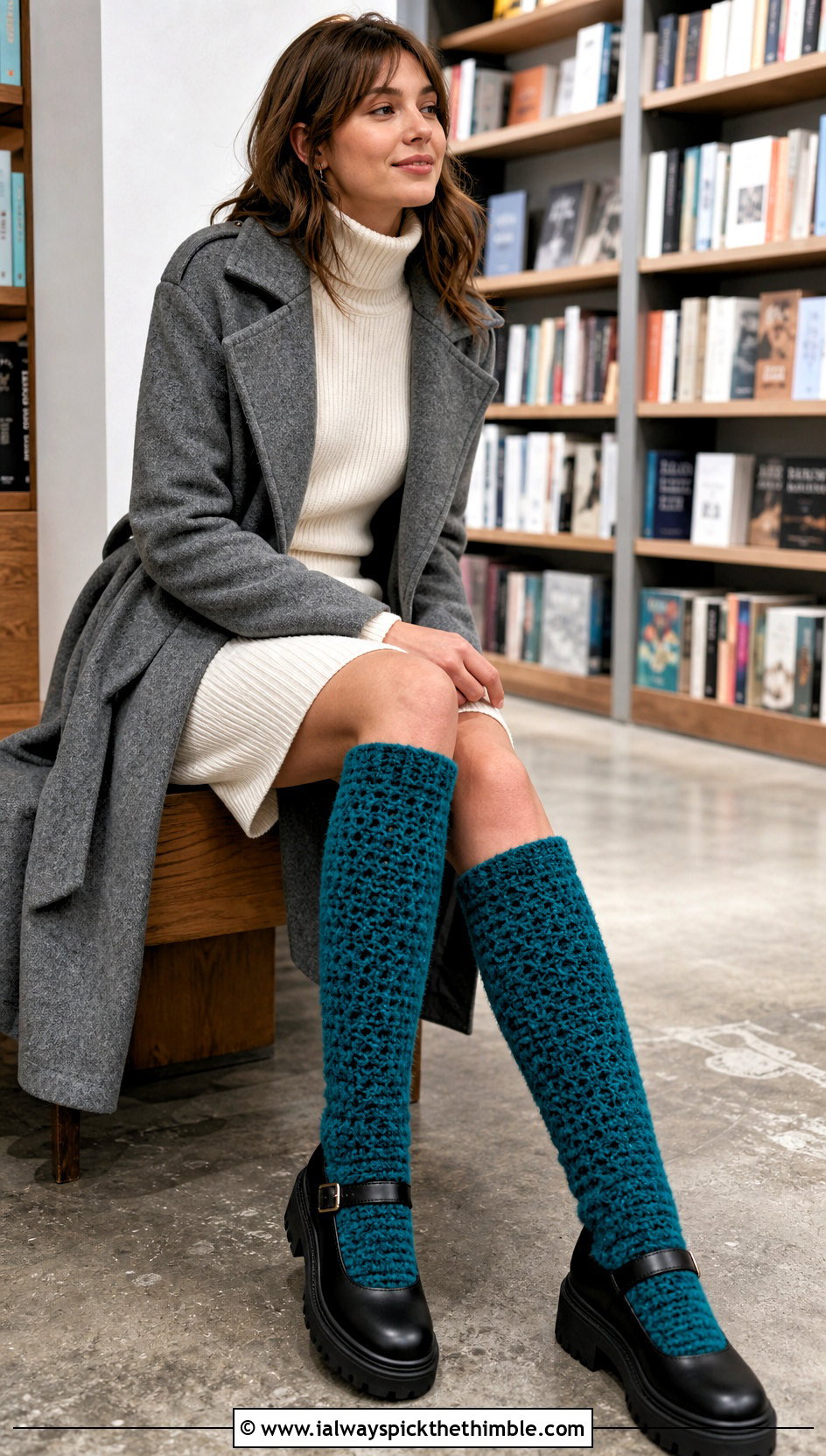 Fuzzy Crochet Knee High Socks With Sweater Dress - 20 Fuzzy Crochet Sock outfit ideas