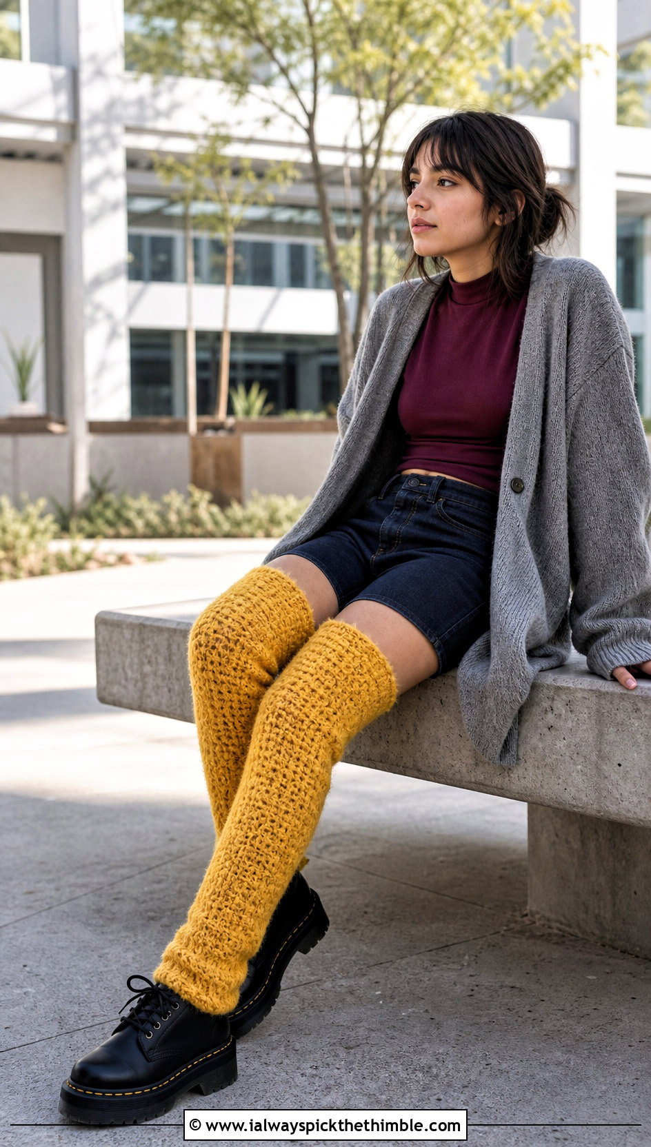 Fuzzy Crochet Over the Knee Socks With Bermuda Shorts - 20 Fuzzy Crochet Sock outfit ideas