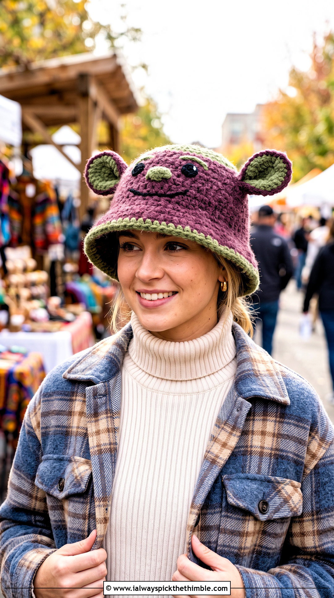 Fuzzy Crochet Shrek Bucket Hat With Plaid Shacket - 15 Crochet Shrek Bucket Hat outfit ideas