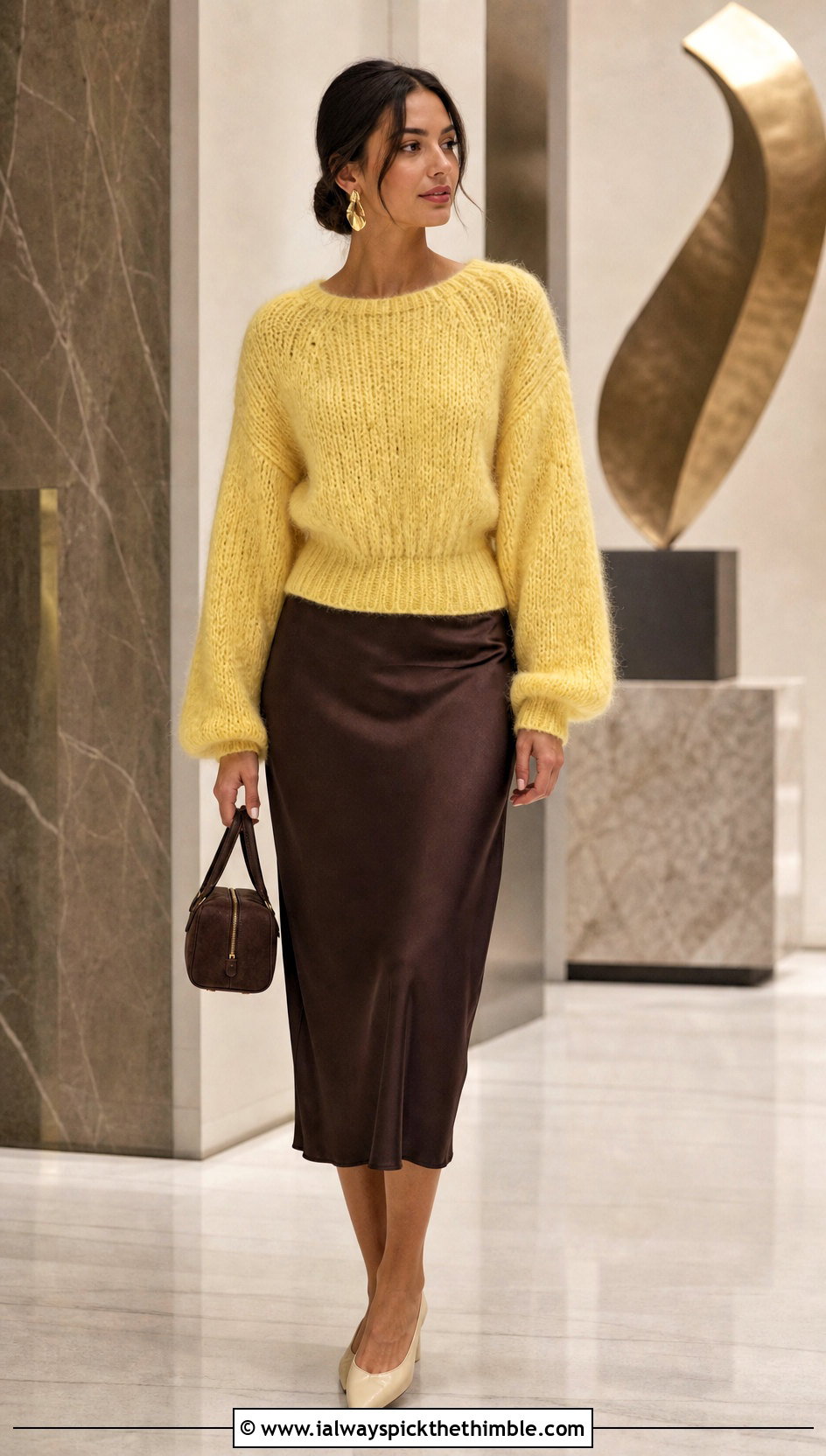 Fuzzy Crochet Sweater With Satin Midi Skirt - 20 fluffy crochet clothes and outfit ideas