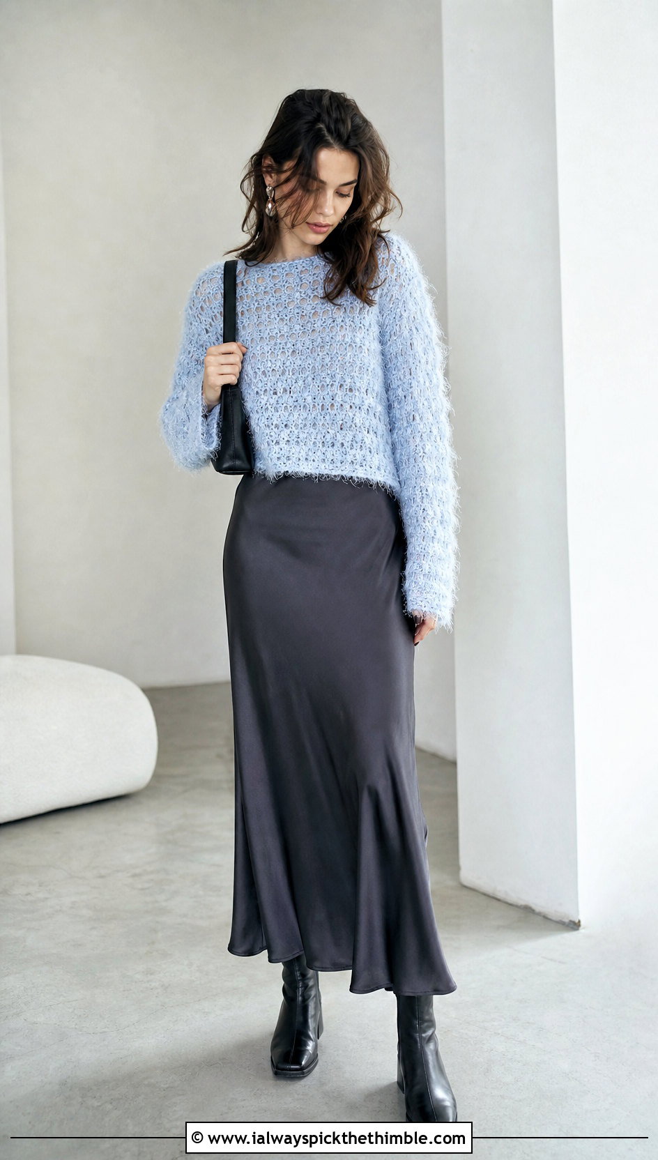 Fuzzy Crochet Sweater With Satin Slip Skirt - 20 alt crochet sweater outfit ideas