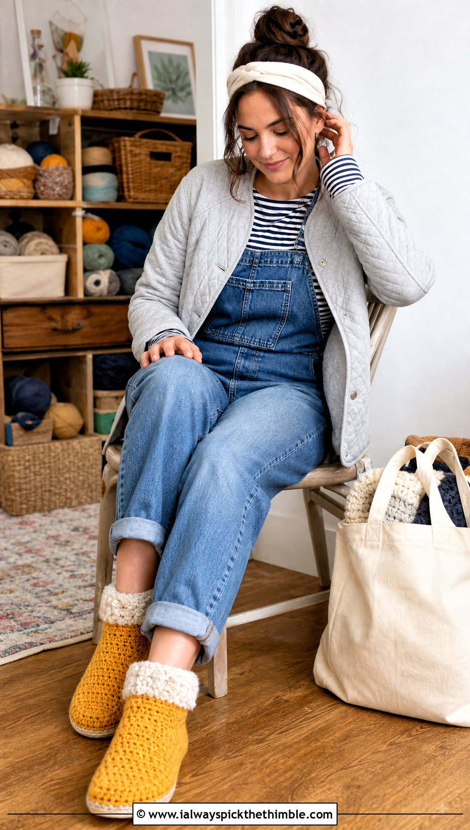 Fuzzy Cuff Crochet Bootie Slippers With Overalls - 20 Easy Crocheted Slippers outfit ideas