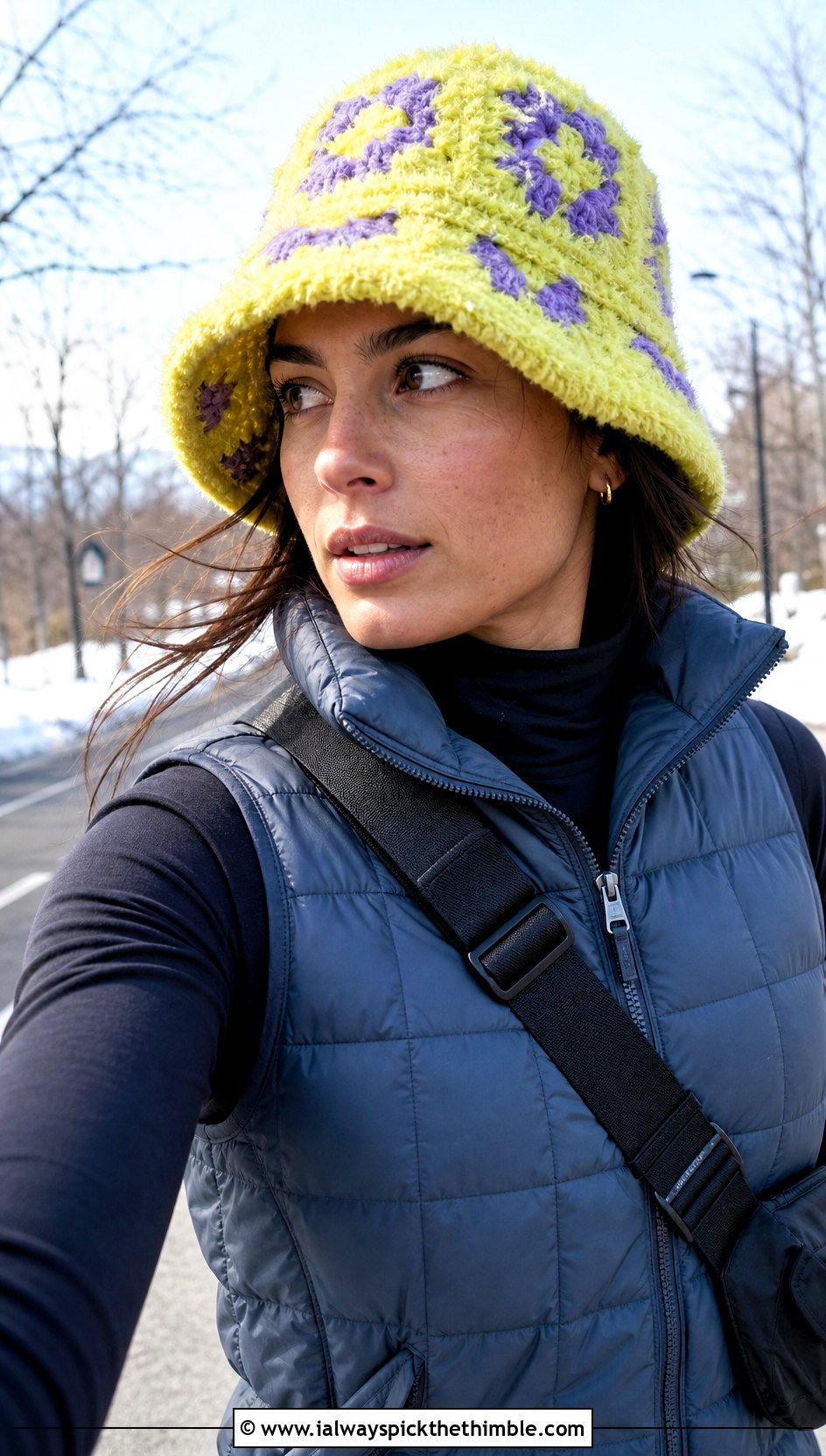 Fuzzy Granny Square Bucket Hat With Puffer Vest And Leggings - 20 crochet square hat outfit ideas