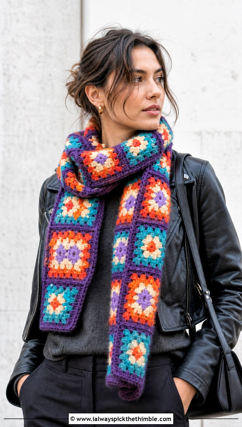 Fuzzy Granny Square Scarf With Leather Jacket - 20 Fuzzy Crochet Scarf outfit ideas
