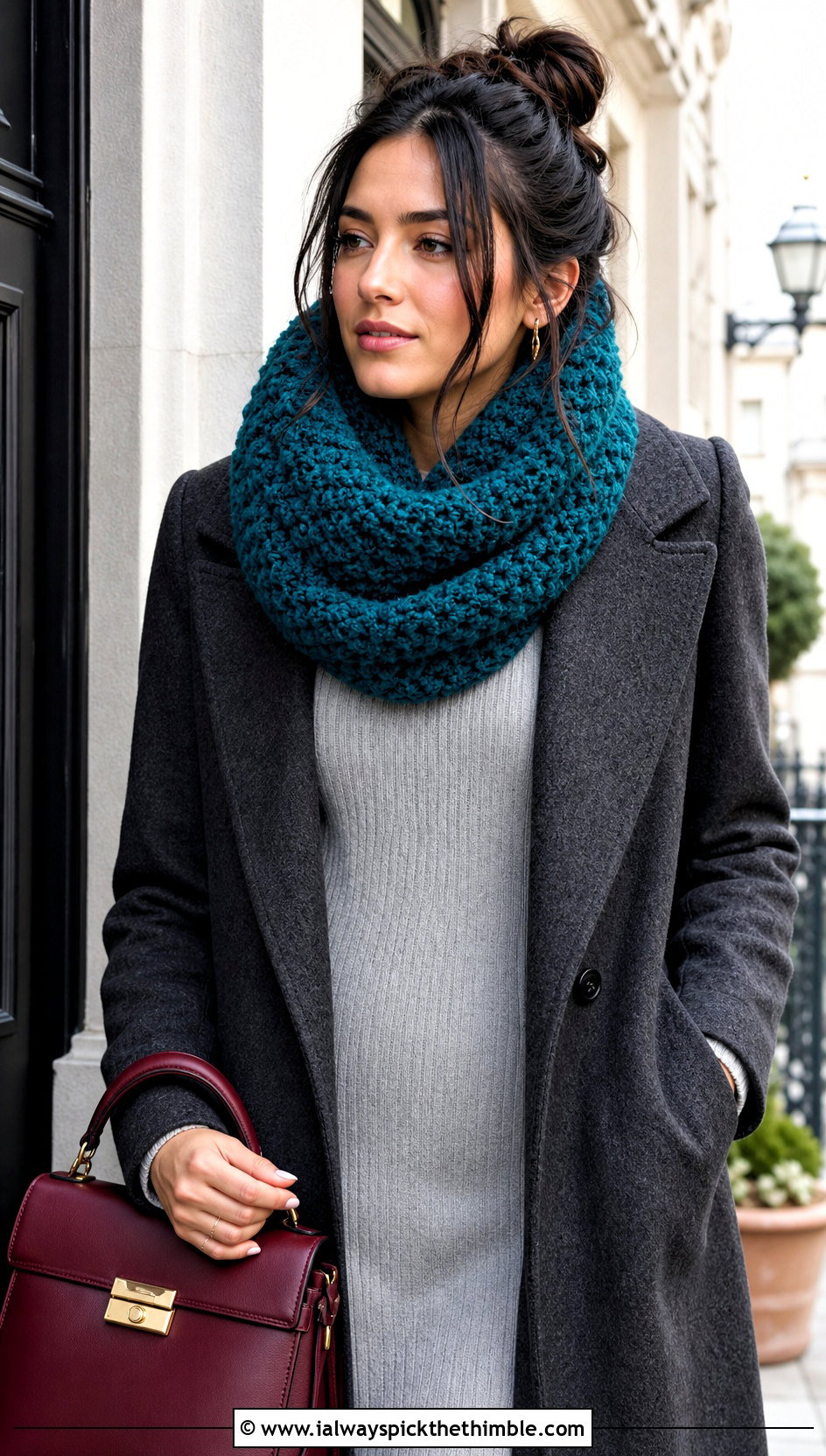 Fuzzy Infinity Crochet Scarf With Sweater Dress - 20 Fuzzy Crochet Scarf outfit ideas