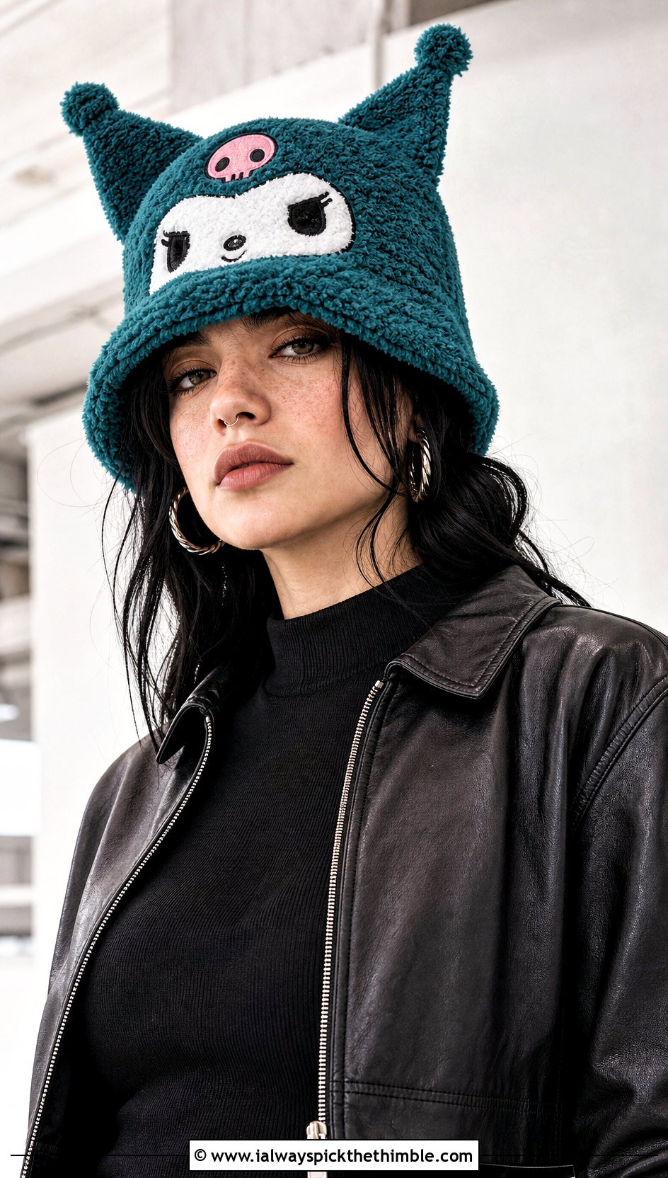 Fuzzy Kuromi Crochet Bucket Hat With Leather Jacket - 15 Kuromi Crochet Bucket Hat outfit ideas