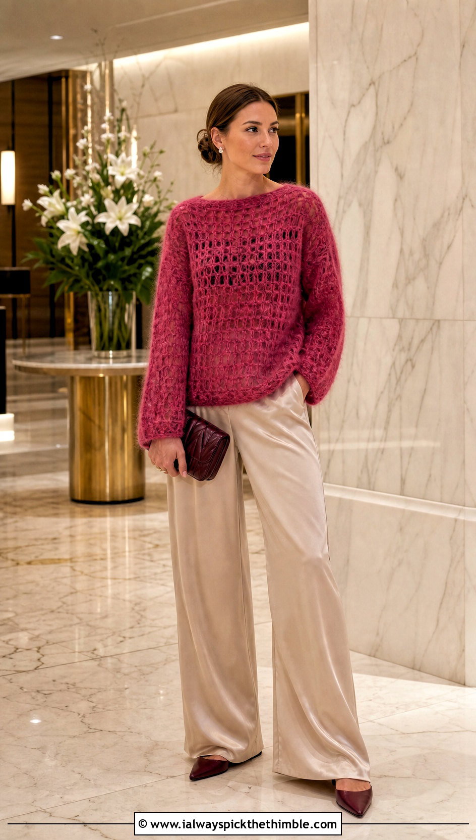 Fuzzy Mohair Crochet Boxy Sweater With Silk Trousers - 20 Crochet Boxy Sweater outfit ideas