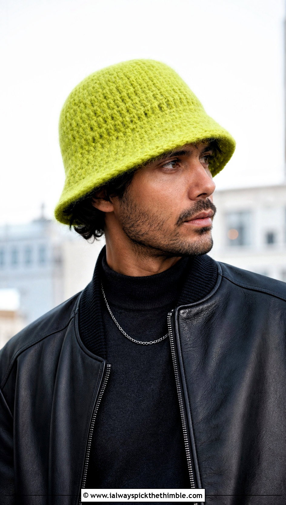 Fuzzy Mohair Crochet Bucket Hat With Leather Jacket And Wide Pants - 15 mens crochet bucket hat outfit ideas
